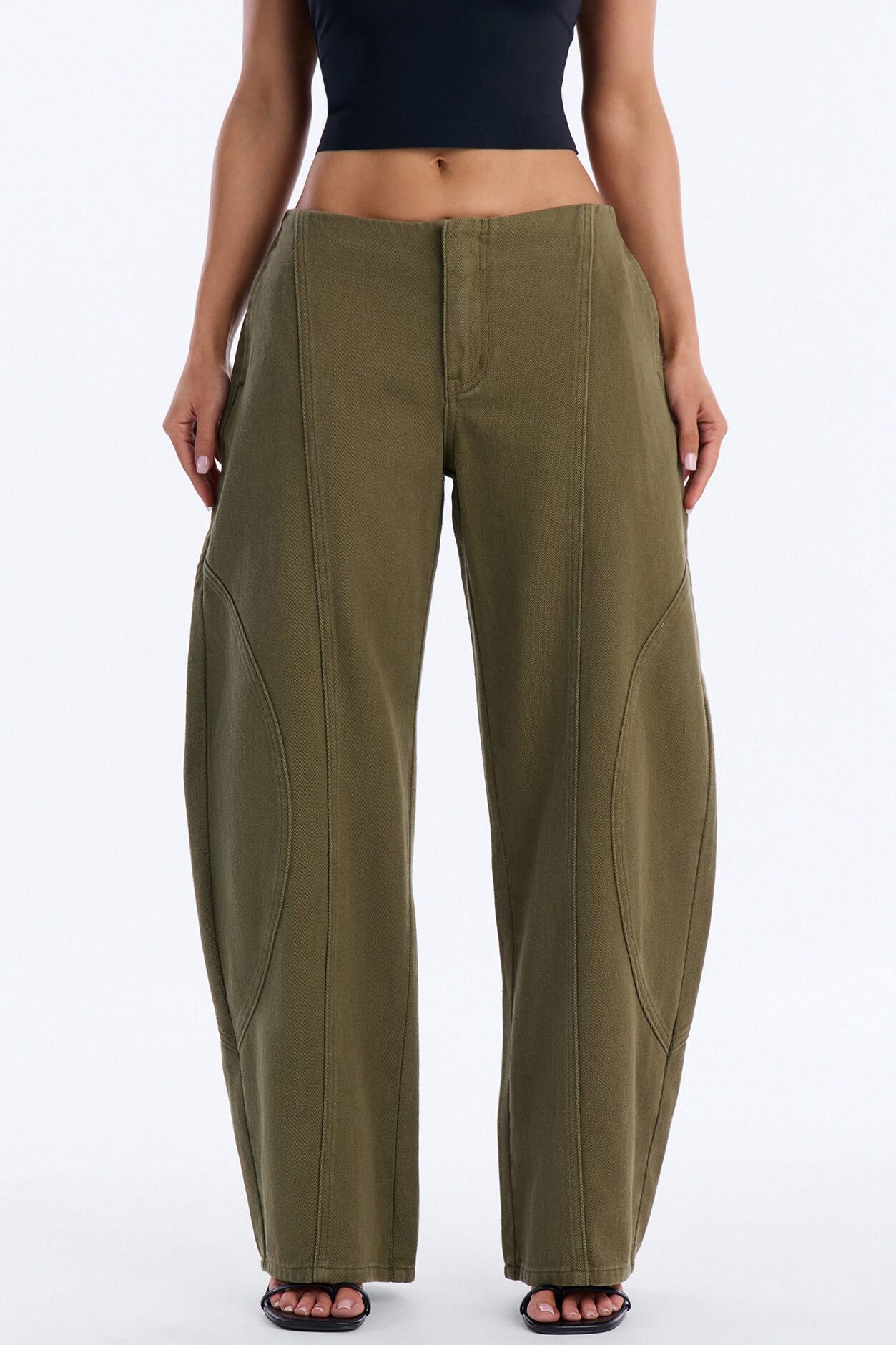 Maliah Low Rise Twill Barrel Leg Pants - Military Green