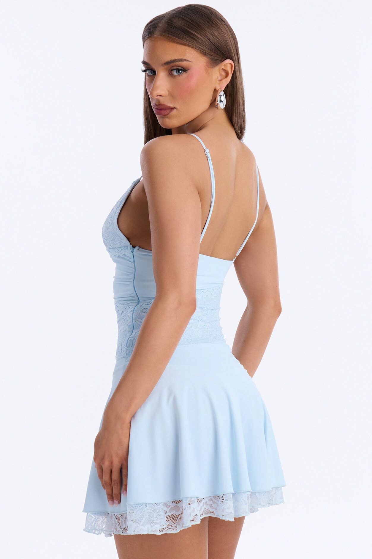 Lindsey Lace Trim Mini Dress - Light Blue