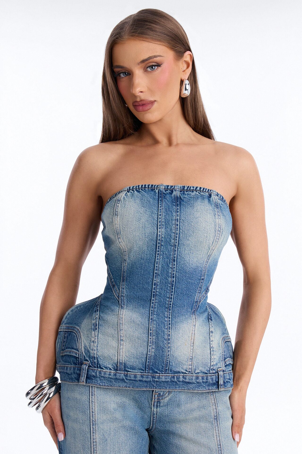 Natalee Denim Peplum Pant Set - Medium Wash