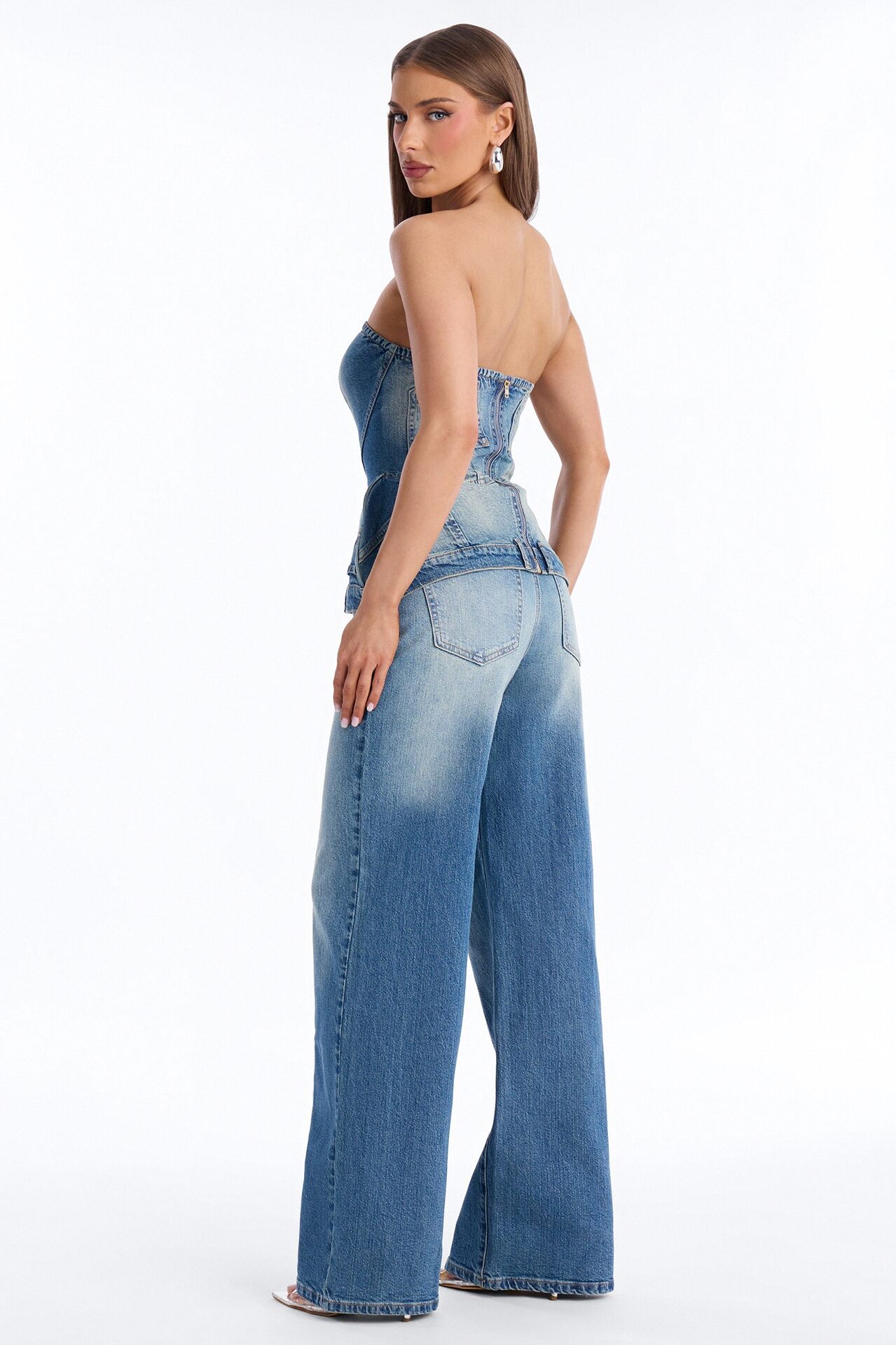 Natalee Denim Peplum Pant Set - Medium Wash
