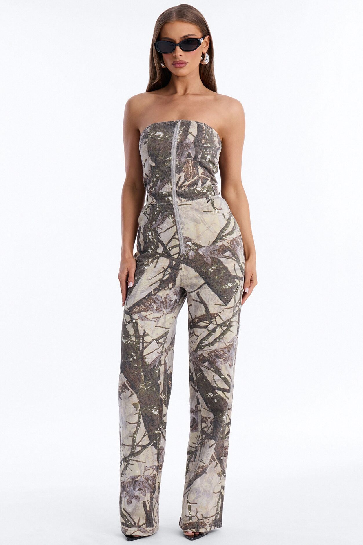 Urban Cool Girl Camo Wide Leg Jumpsuit - Khaki/combo