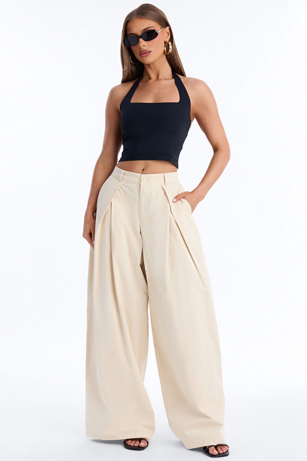 Daphnie Mid Rise Wide Leg Pleated Pant - Khaki