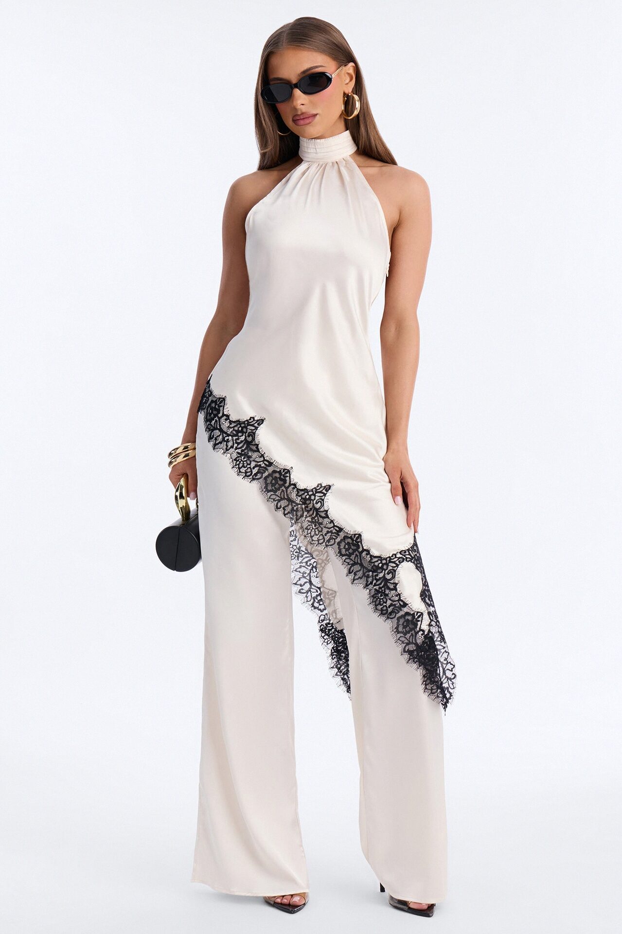 Angela Satin Lace Trim Pant Set - Cream