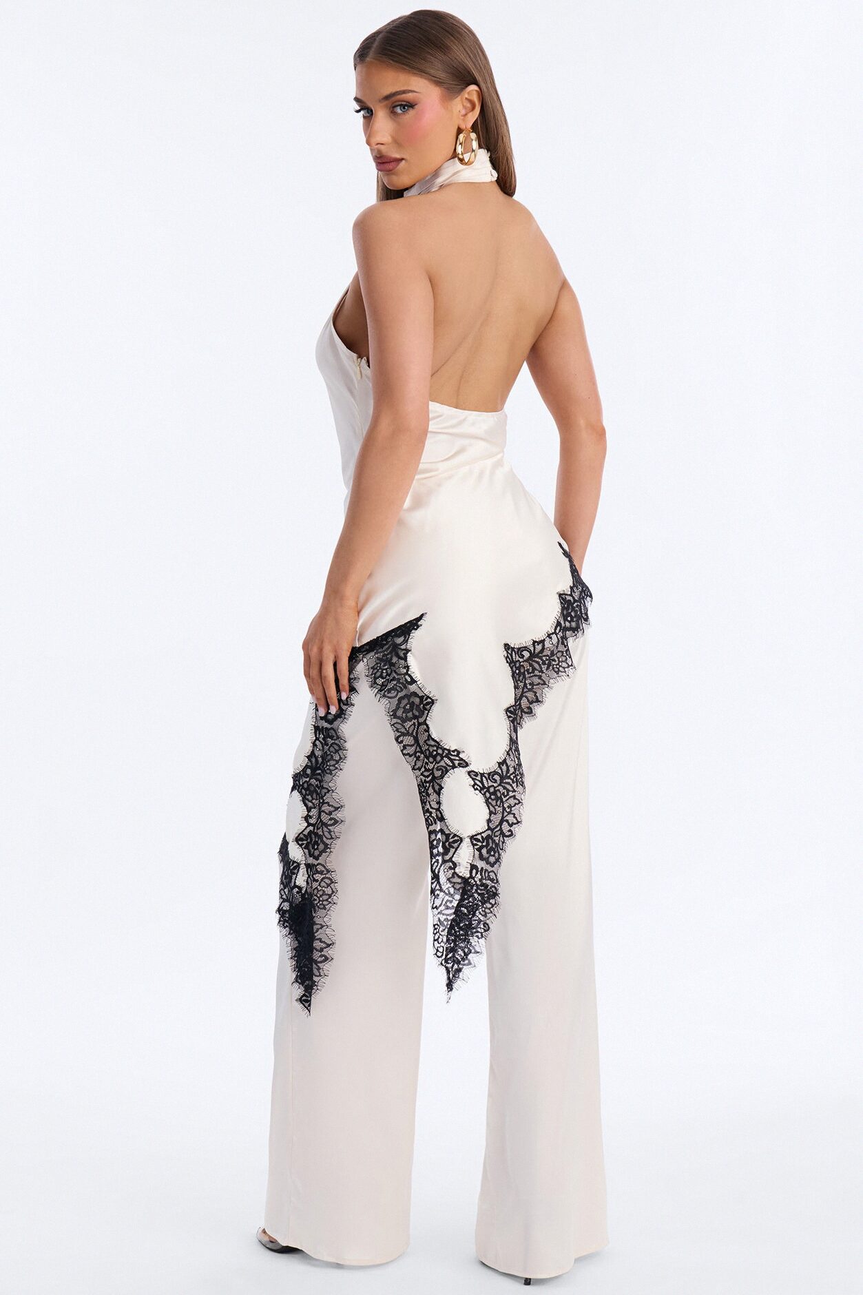 Angela Satin Lace Trim Pant Set - Cream