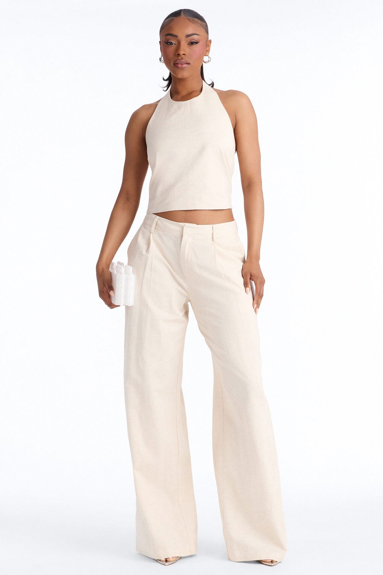 Ocean Breeze Linen Backless Halter Top - Stone