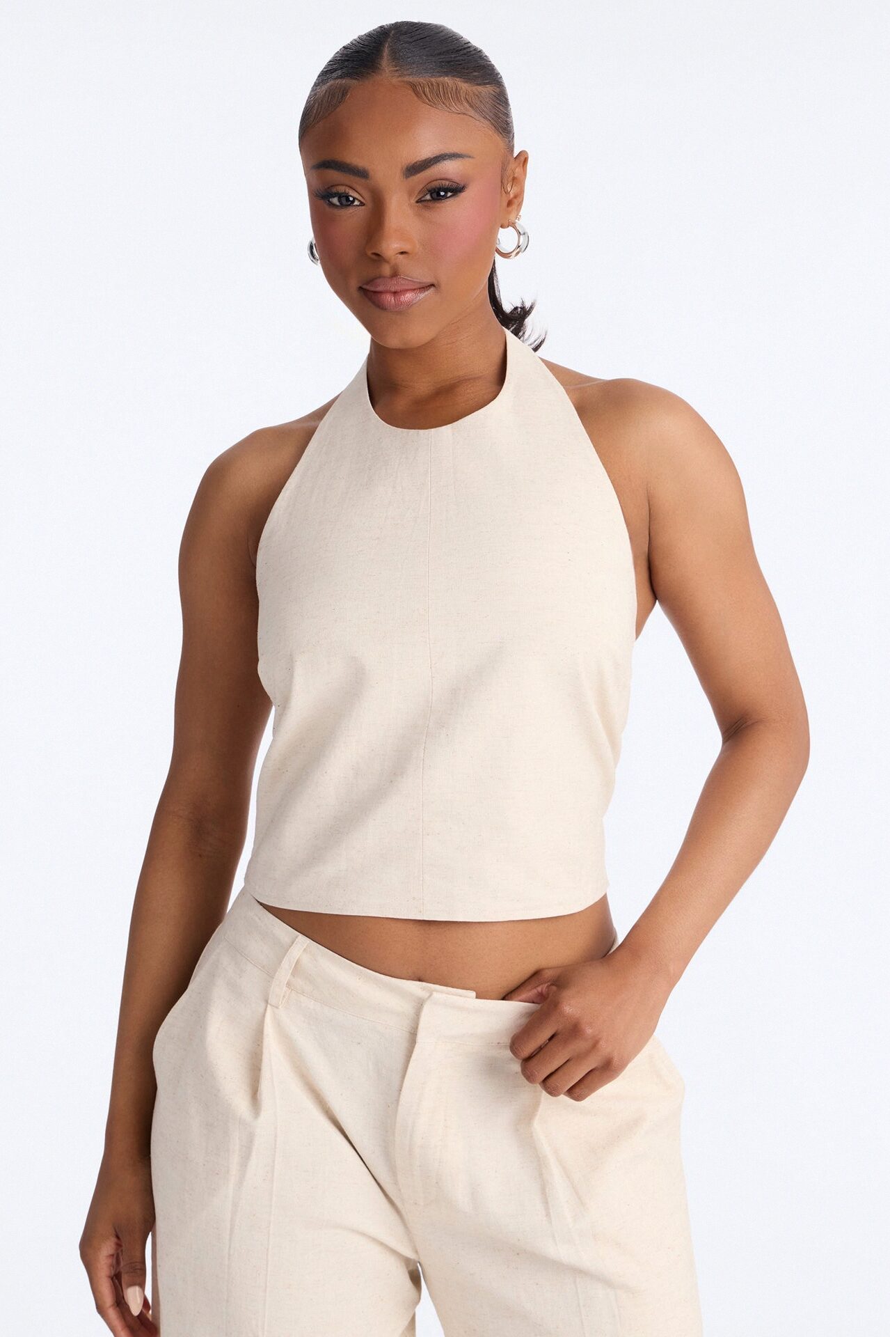 Ocean Breeze Linen Backless Halter Top - Stone