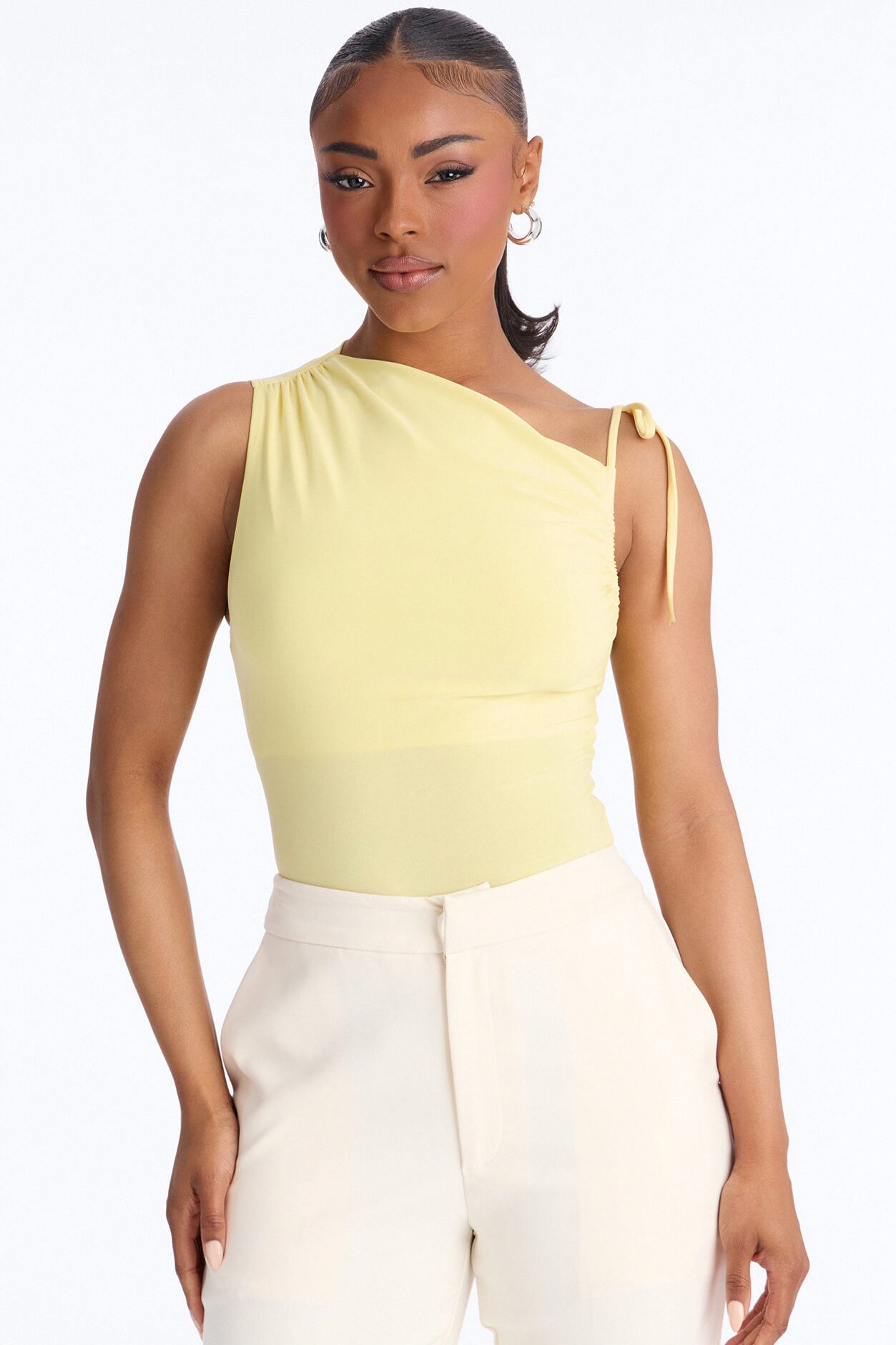 Benny One Shoulder Ruched Tie Strap Top - Butter Yellow