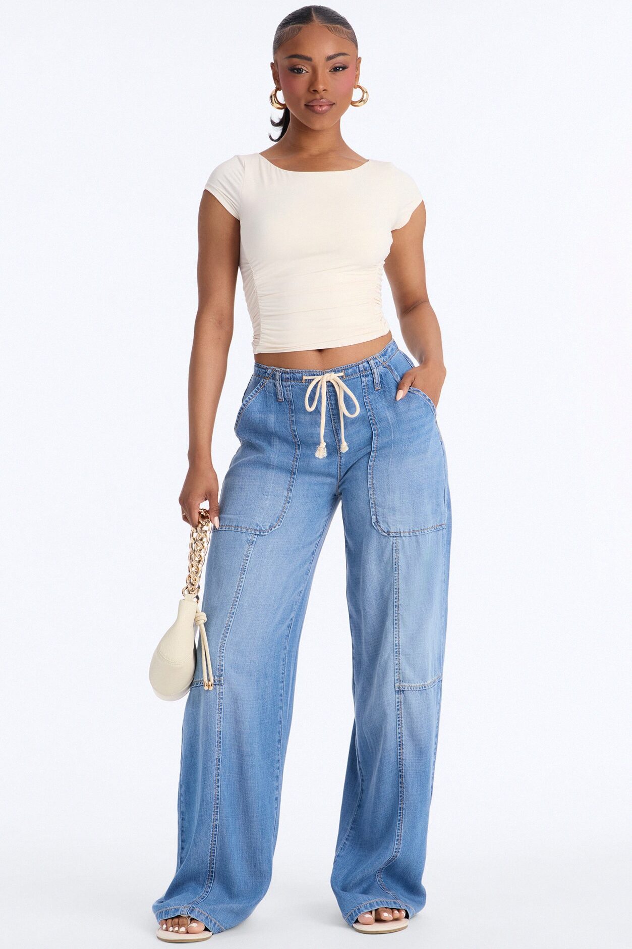 Travel Far Tie Waist Drapey Loose Jeans - Medium Wash