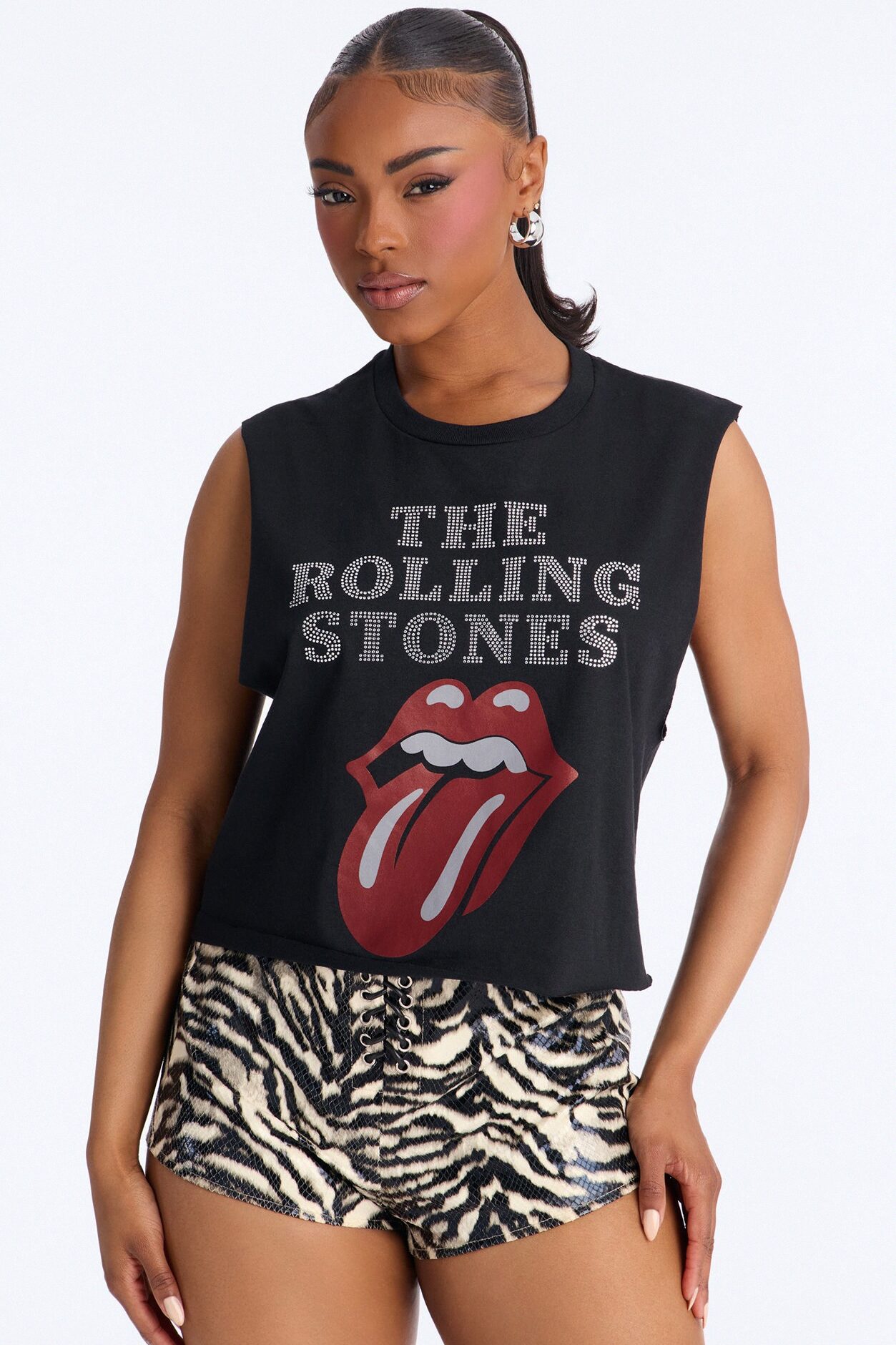 The Rolling Stones Cropped Muscle Tee With Rhinestones - Black