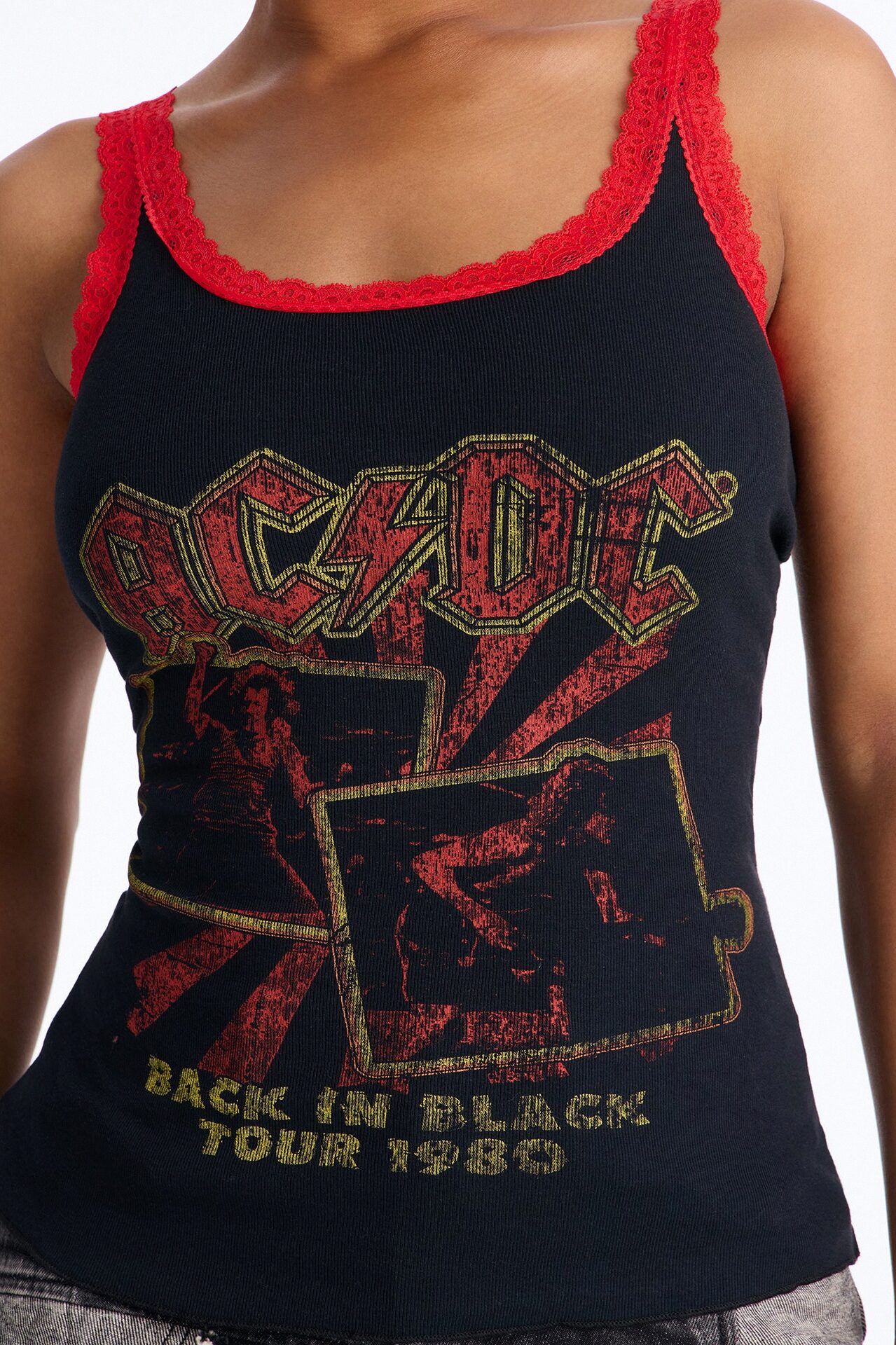 ACDC Contrast Lace Fitted Tank - Black