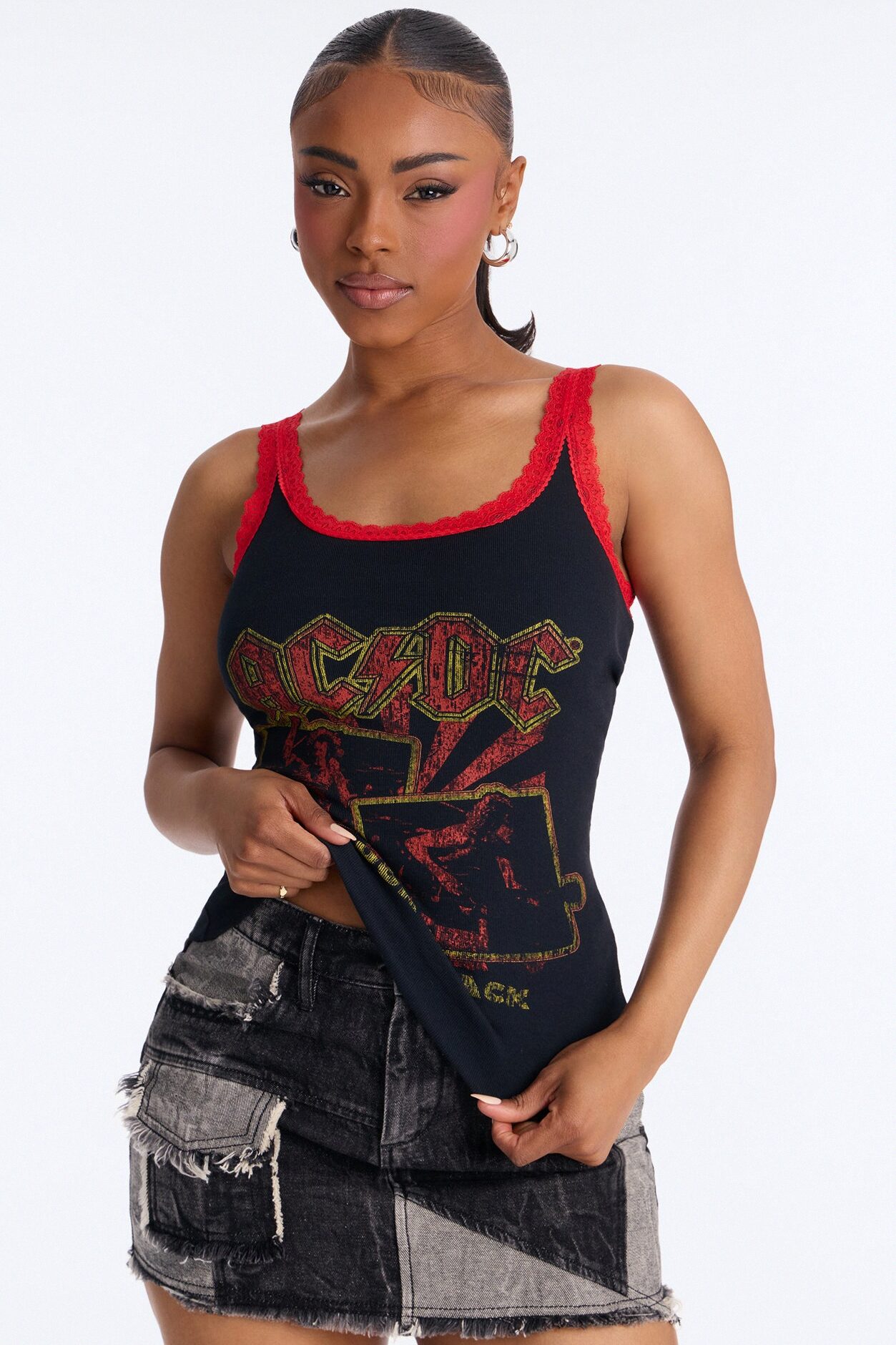 ACDC Contrast Lace Fitted Tank - Black