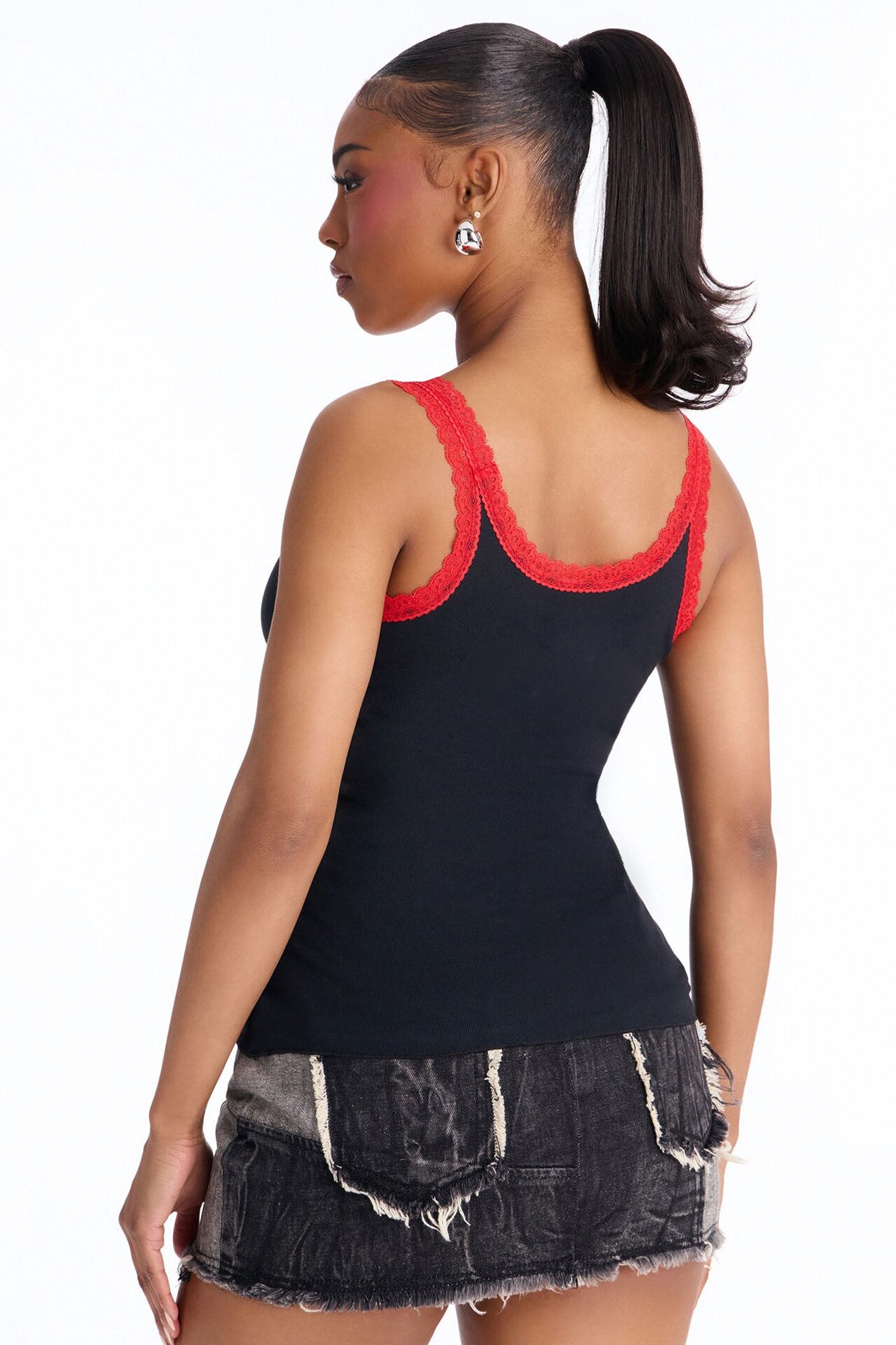 ACDC Contrast Lace Fitted Tank - Black