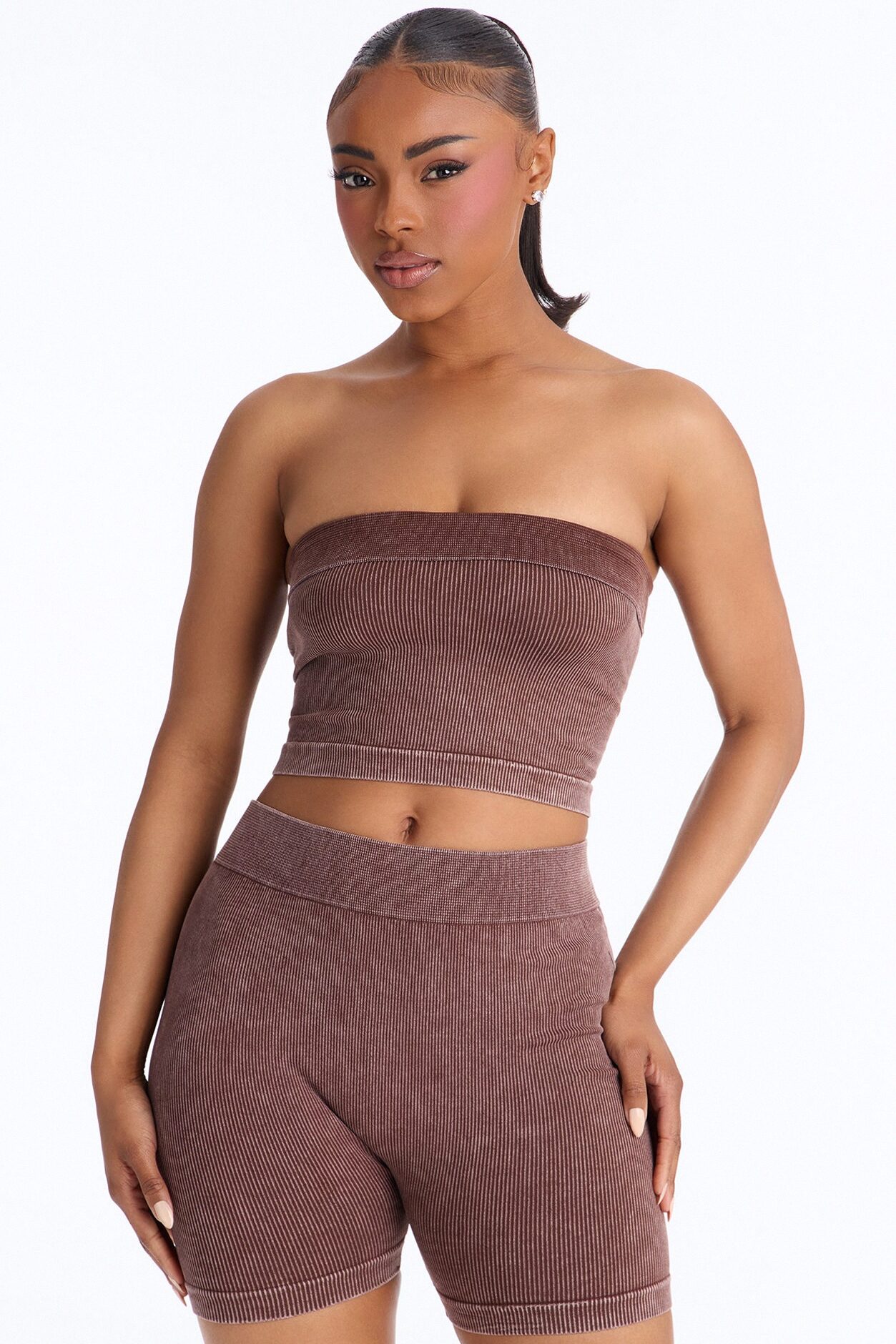 Off Duty Mineral Washed Strapless Short Set - Brown