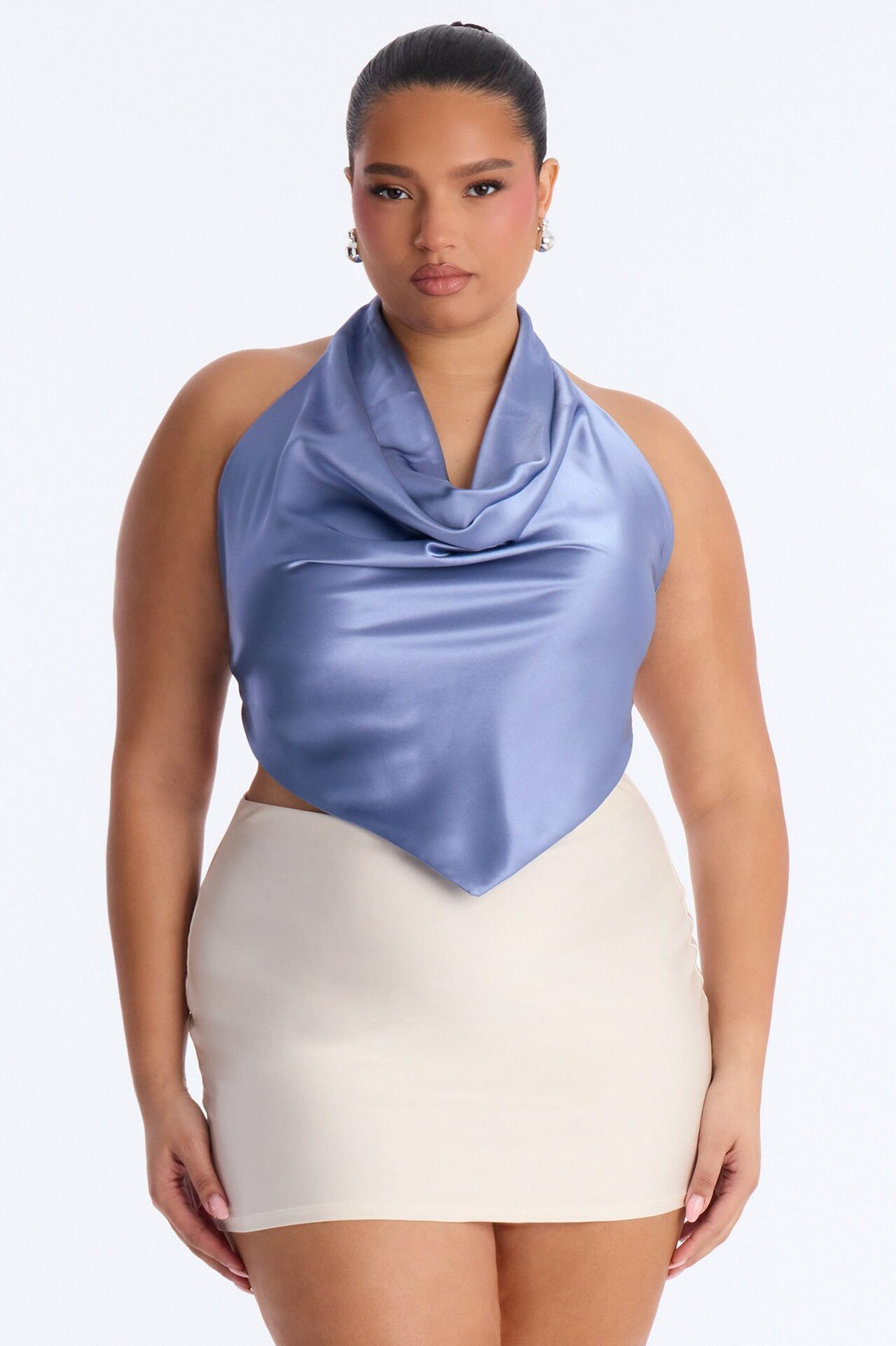 Cara Satin Cowl Neck Halter Top - Periwinkle