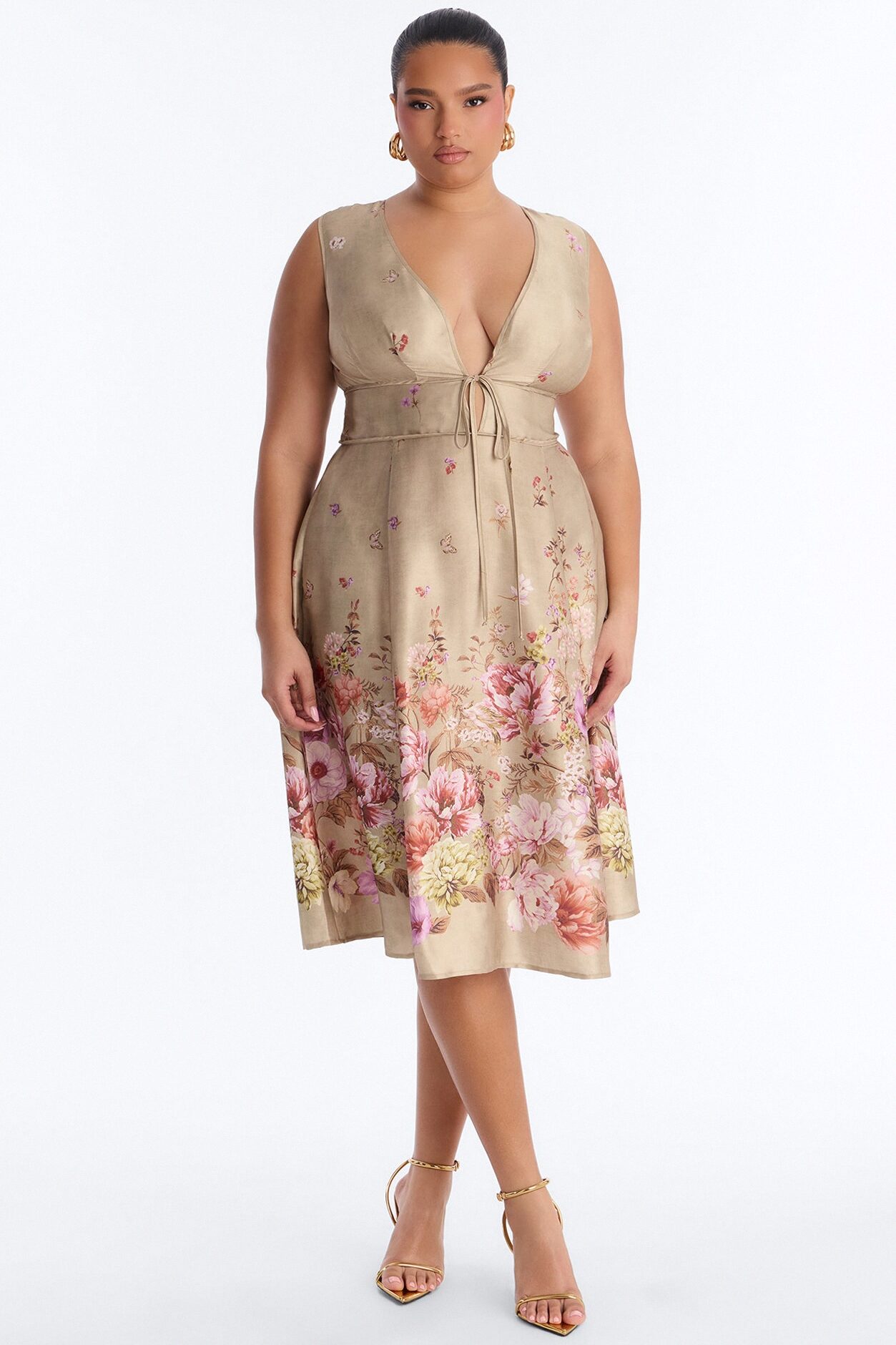 Selene Sleeveless Floral Satin Midi Dress - Brown/combo