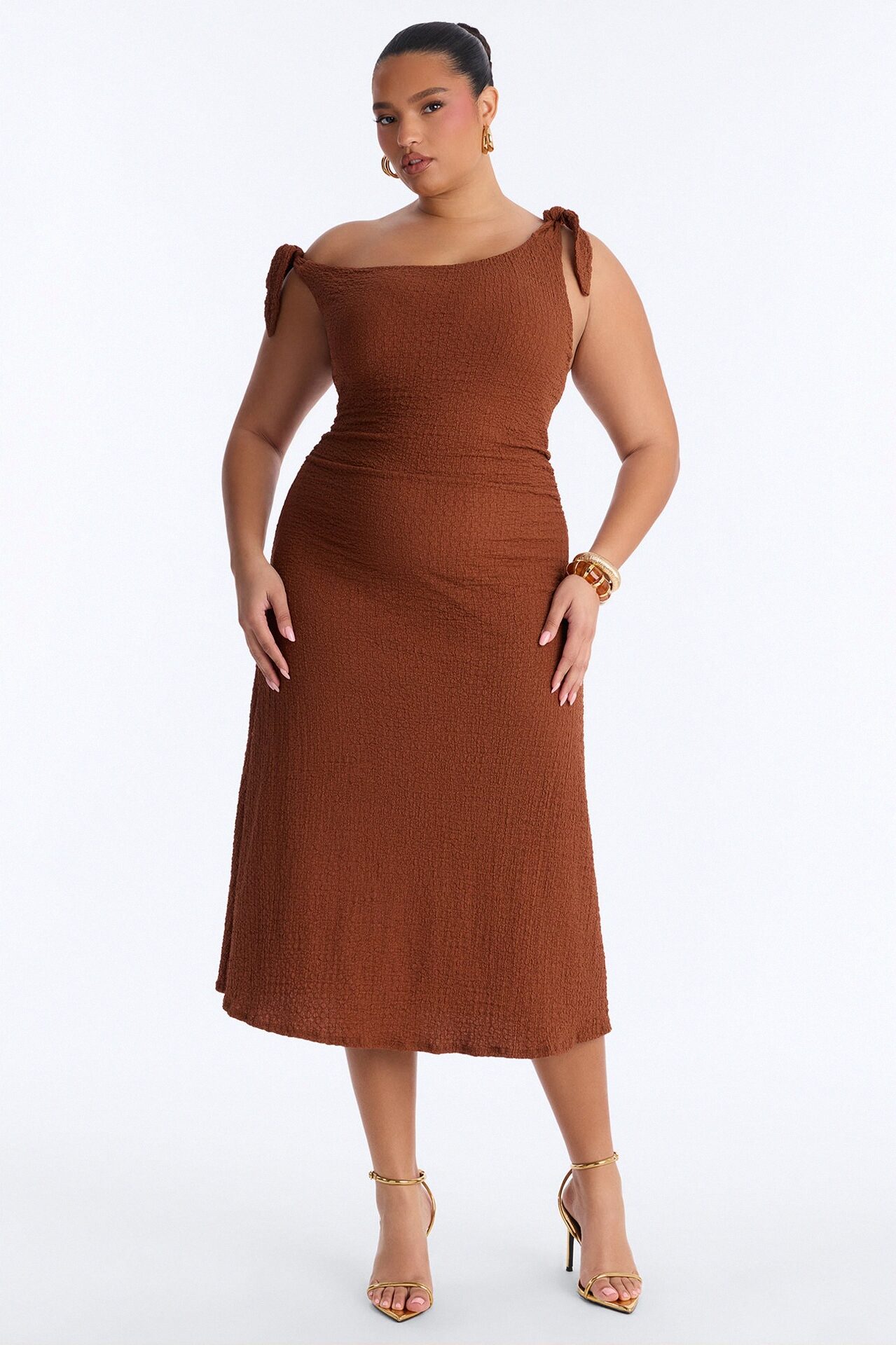 Crystal One Shoulder Textured Midi Dress - Chocolate