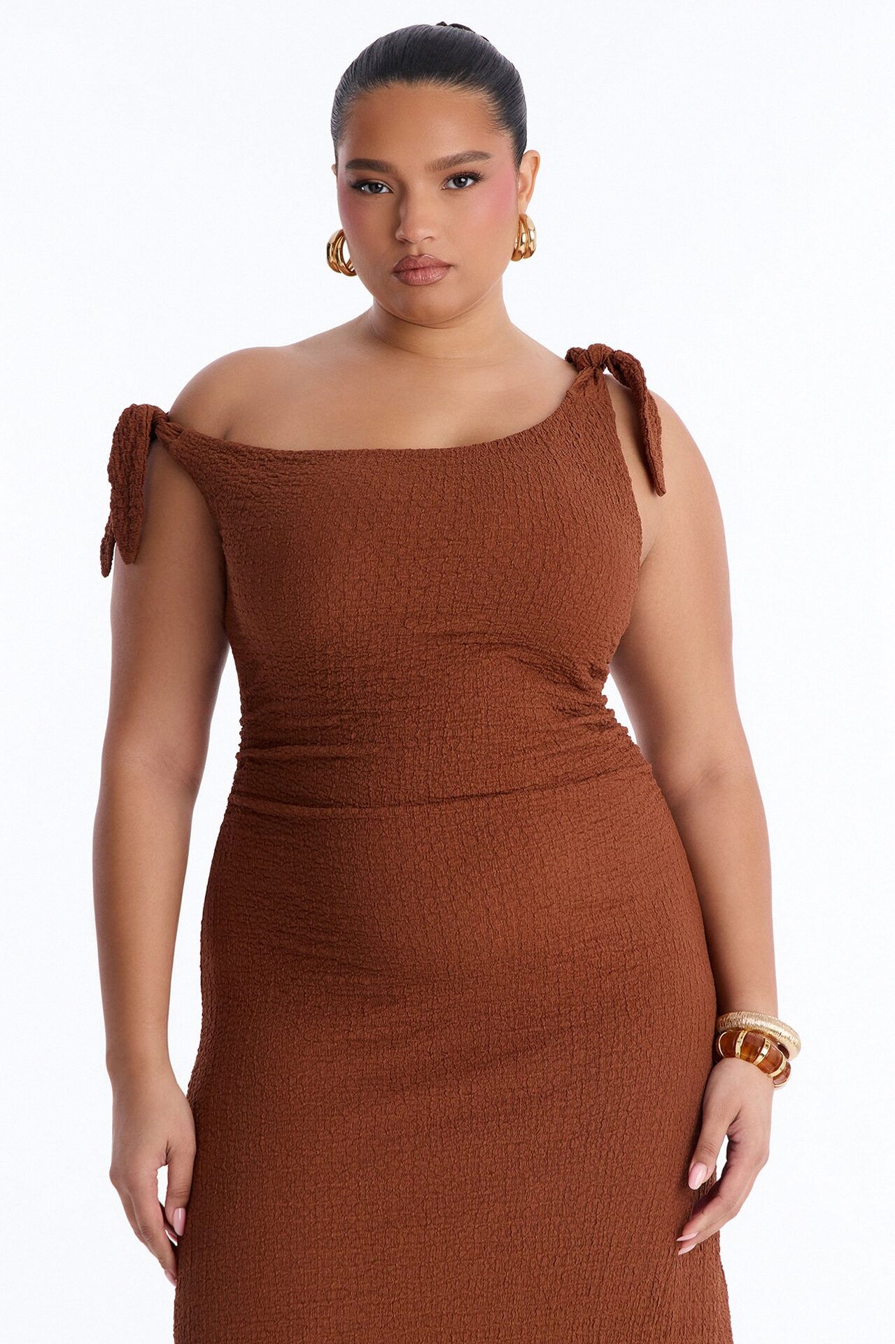 Crystal One Shoulder Textured Midi Dress - Chocolate