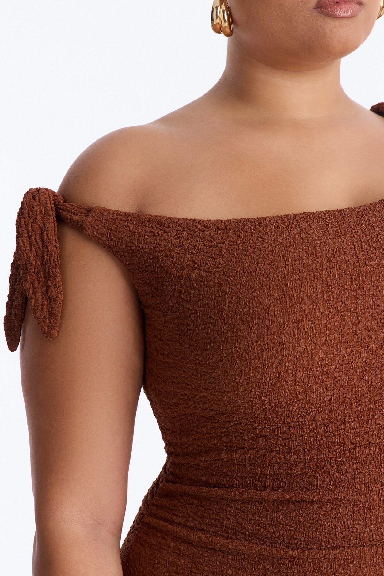 Crystal One Shoulder Textured Midi Dress - Chocolate