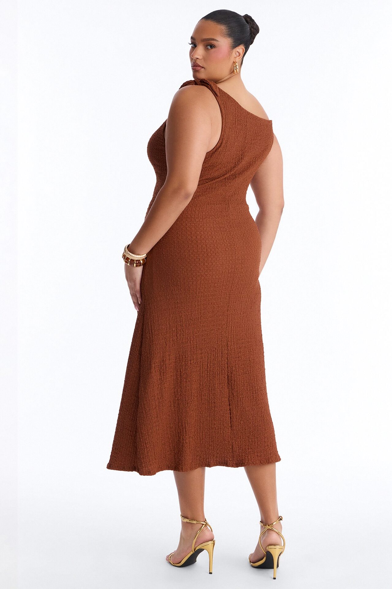 Crystal One Shoulder Textured Midi Dress - Chocolate