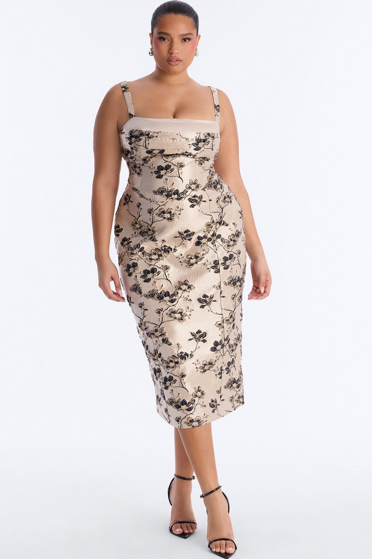 Aster Metallic Floral Jacquard Midi Dress - Taupe/combo