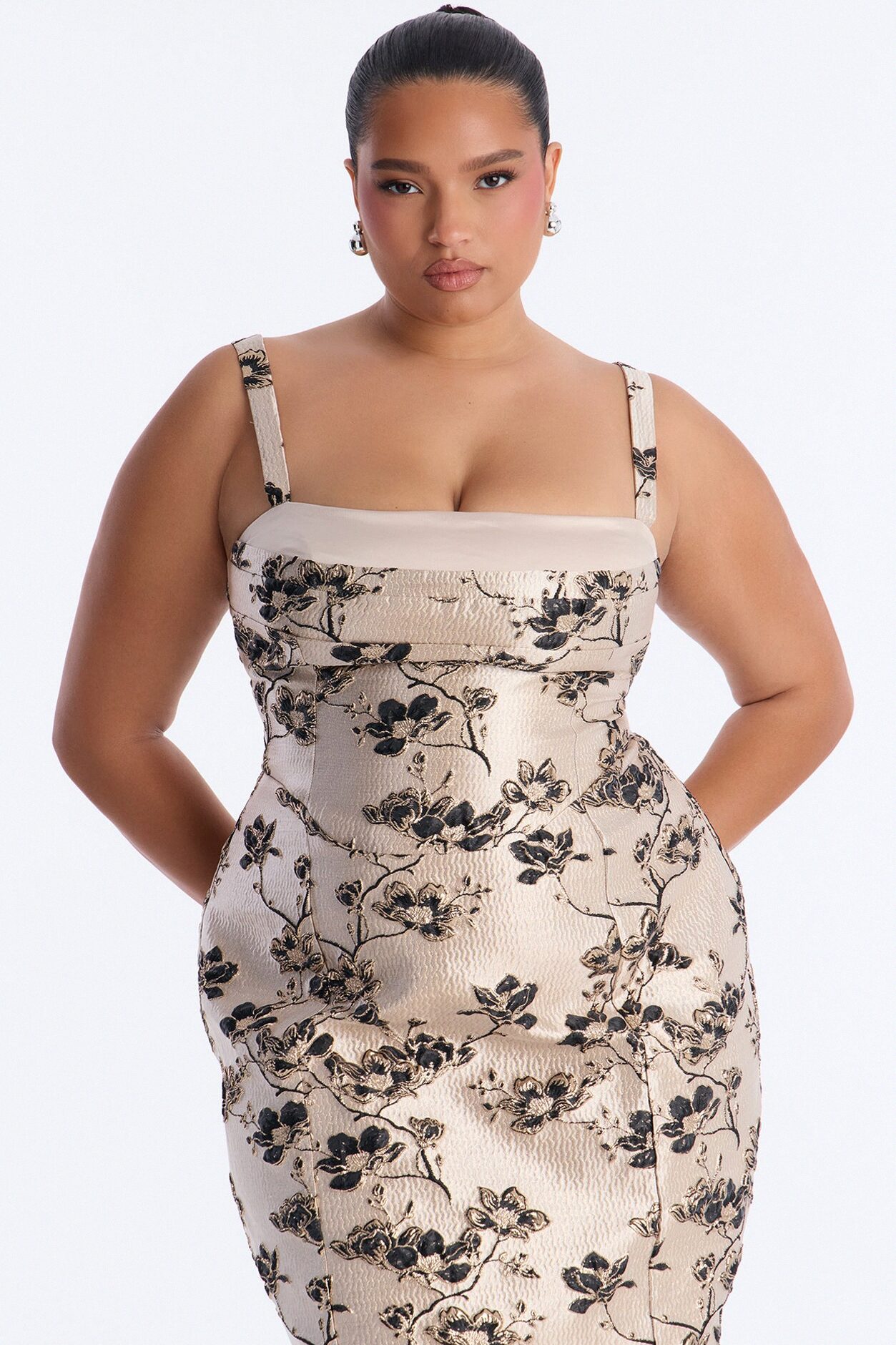 Aster Metallic Floral Jacquard Midi Dress - Taupe/combo