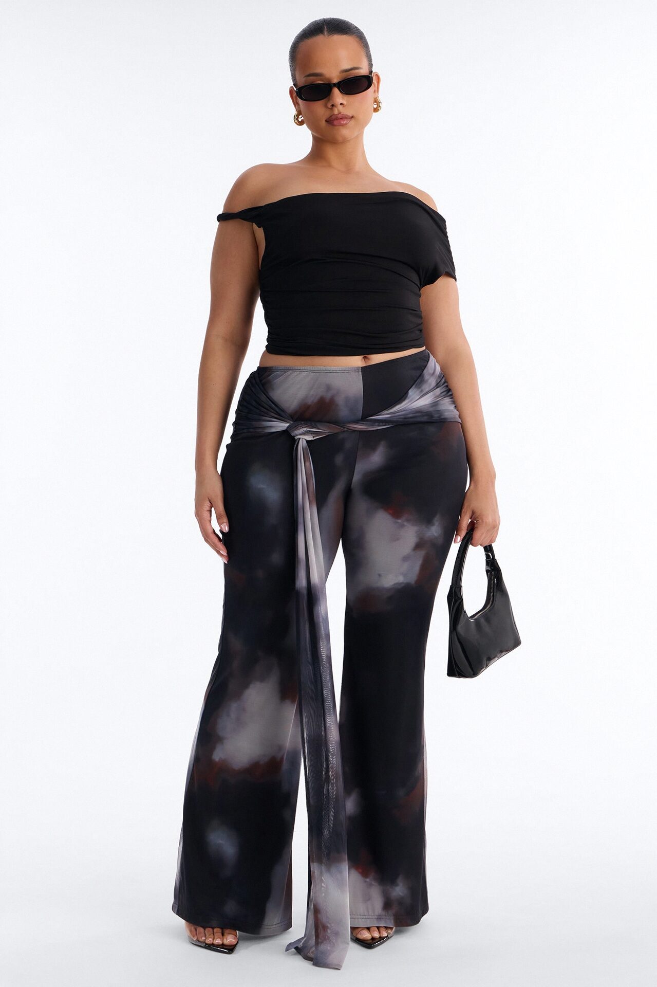 Keisha Wrap Waist Mesh Flare Pant - Grey/combo