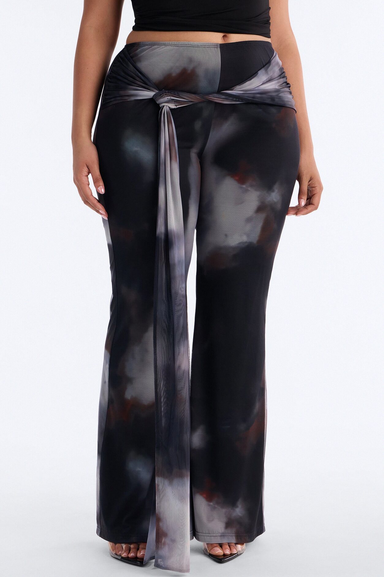 Keisha Wrap Waist Mesh Flare Pant - Grey/combo