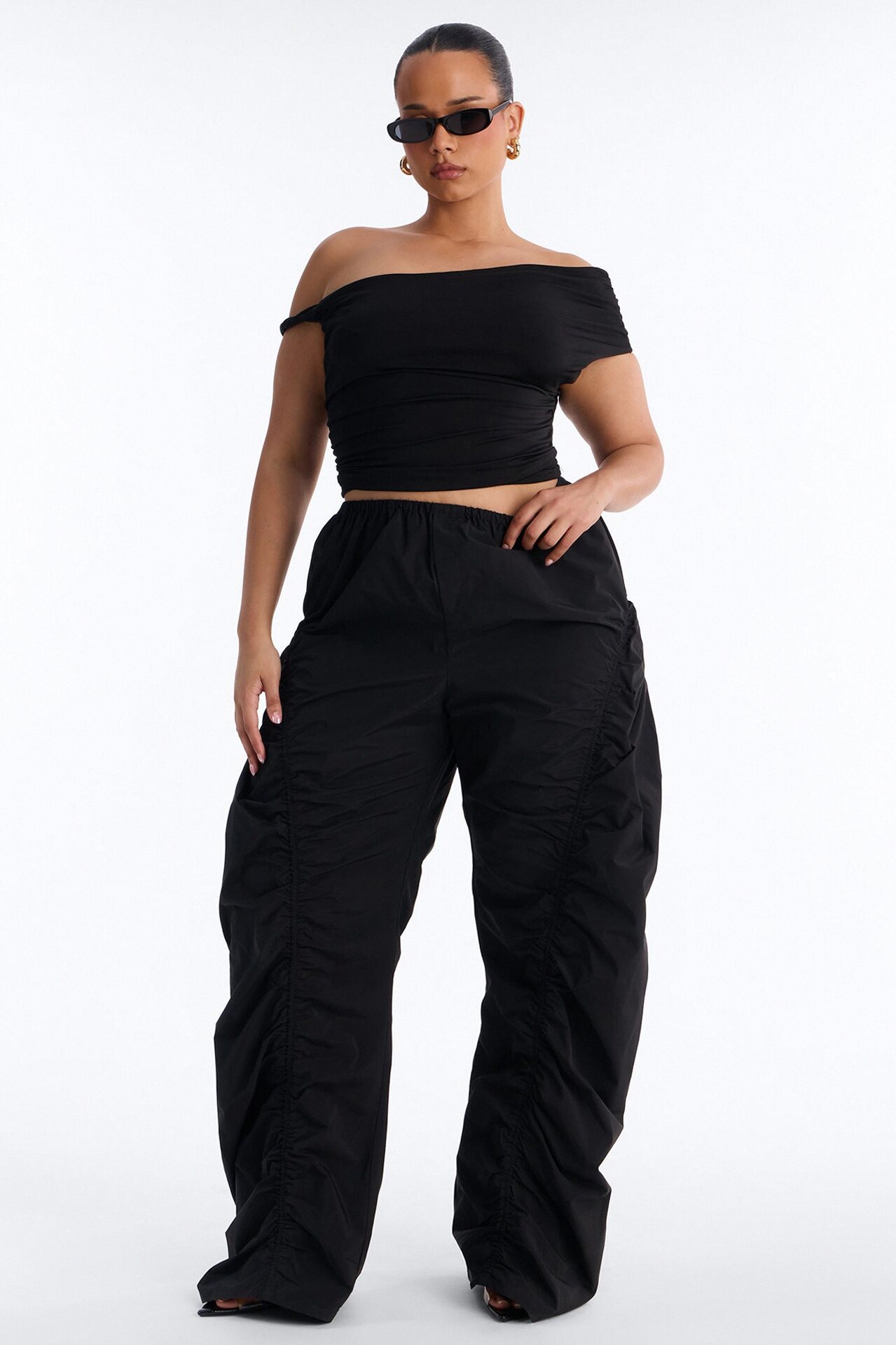 Ariana Low Rise Ruched Stacked Nylon Pant 33″ - Black