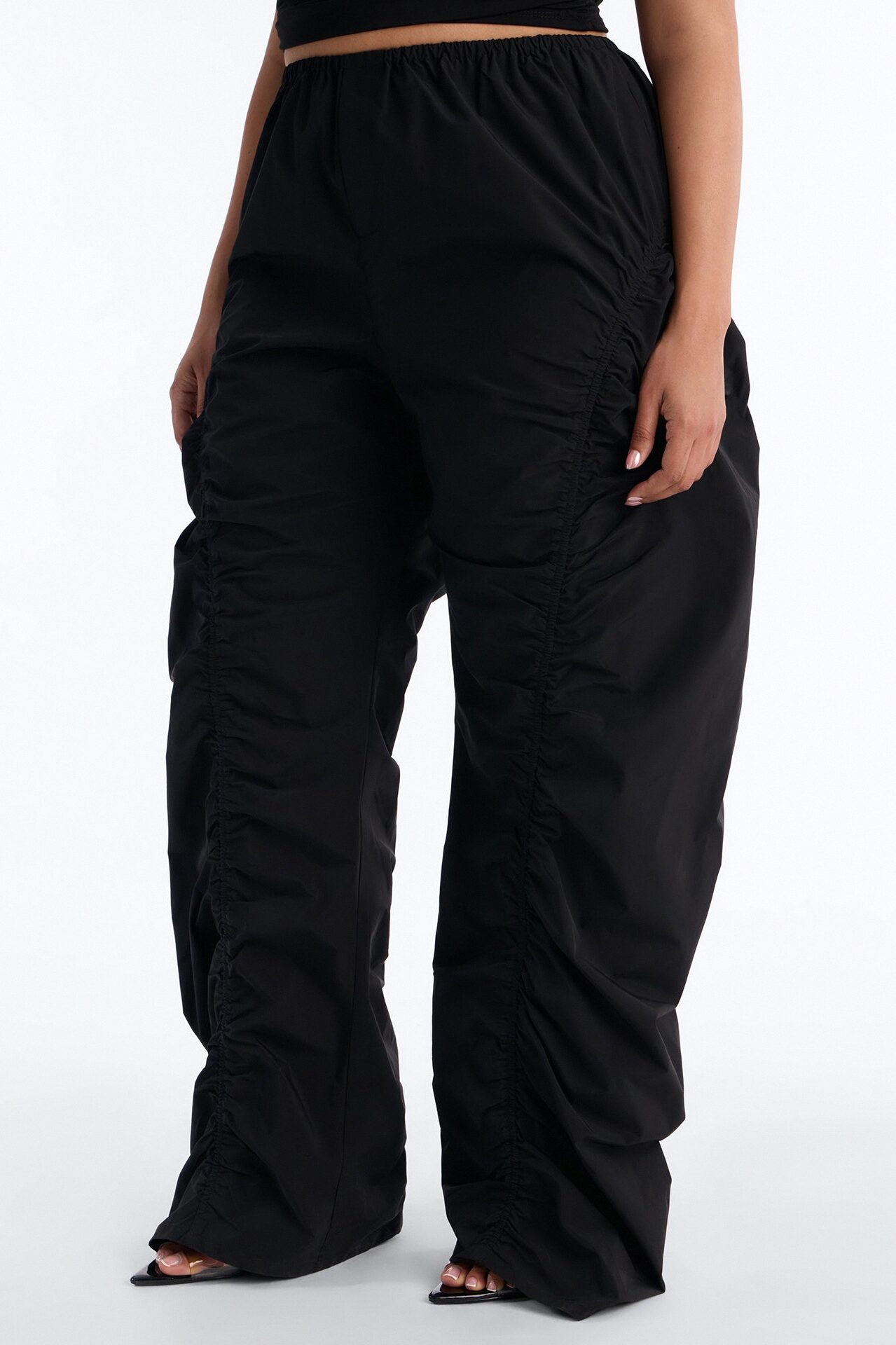 Ariana Low Rise Ruched Stacked Nylon Pant 33″ - Black