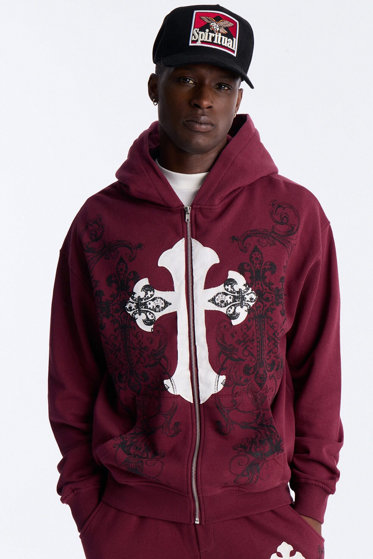 Cross Patch Zip Hoodie - Burgundy