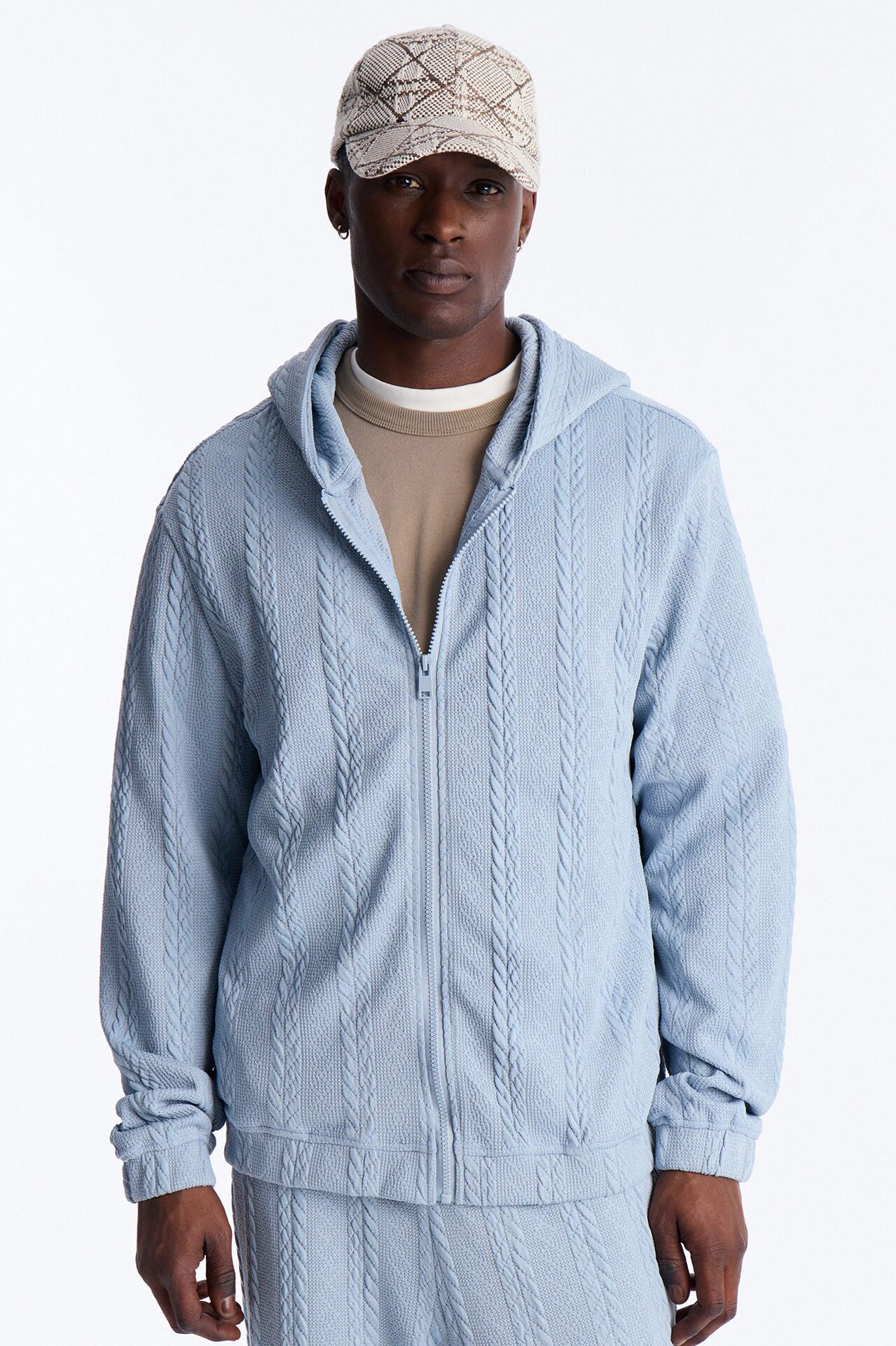Textured Cozy Braided Hooded Jacket - Blue