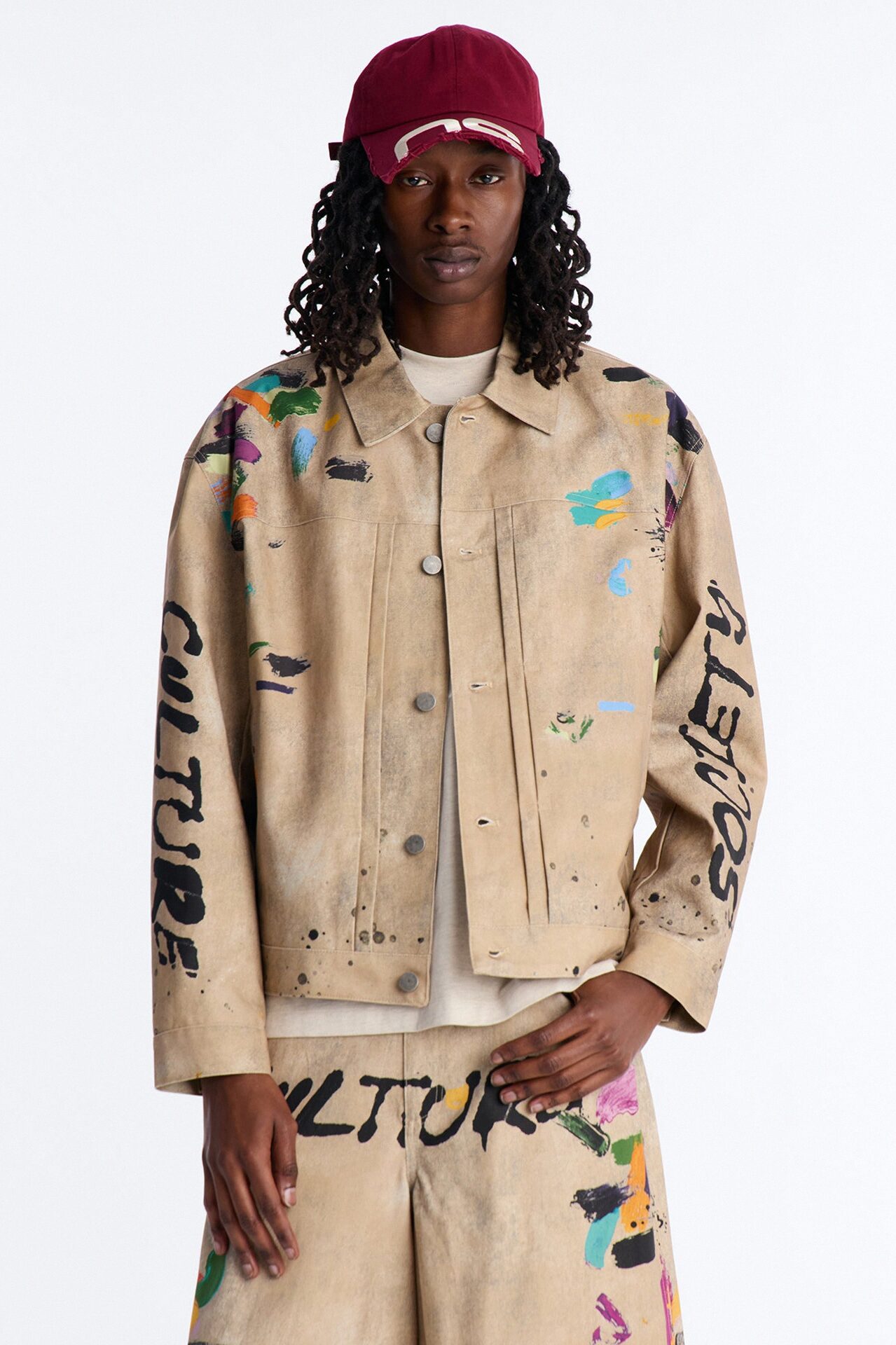 Cropped Culture Society Paint Splatter Boxy Work Jacket - Khaki