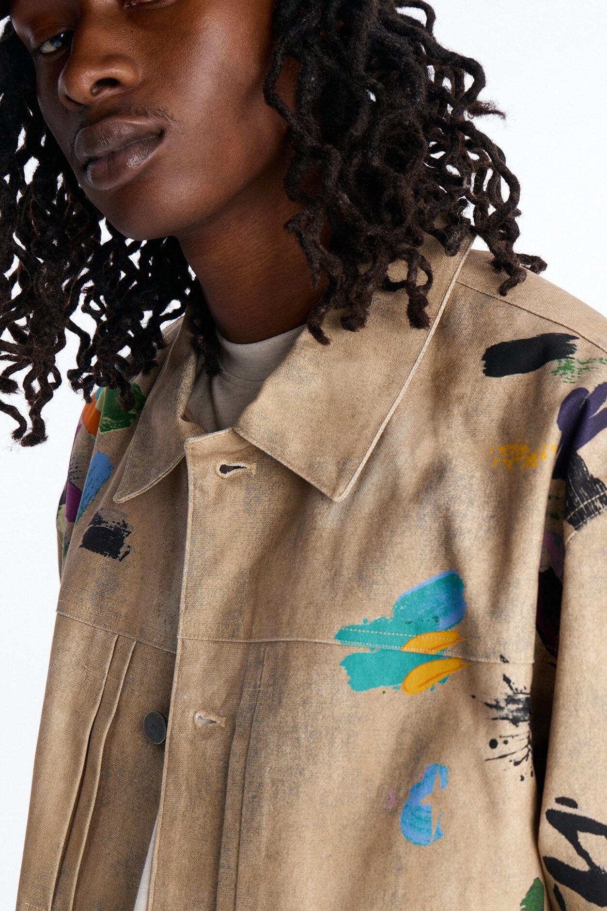 Cropped Culture Society Paint Splatter Boxy Work Jacket - Khaki