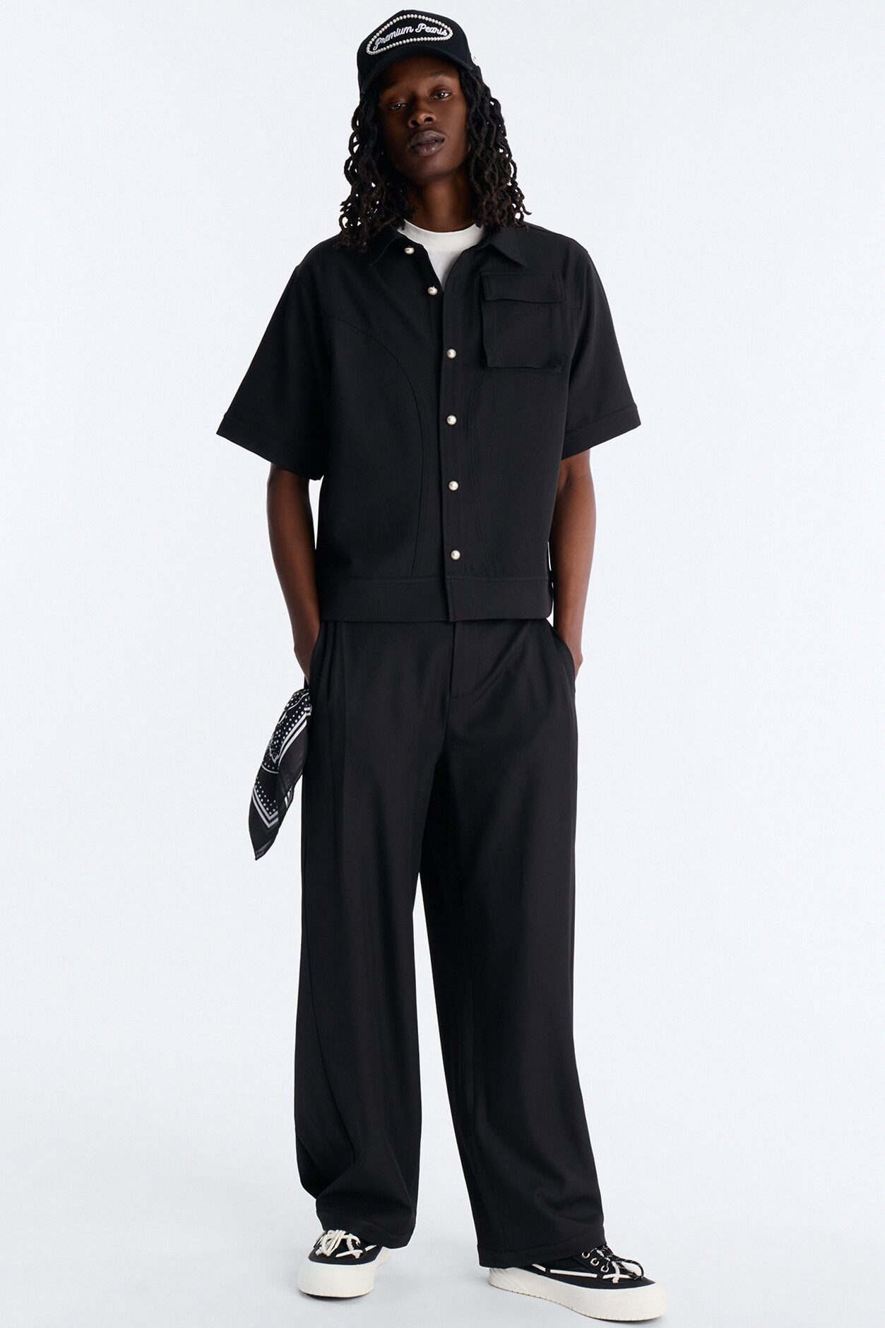 Pearl Paneled Utility Button Up Shirt - Black
