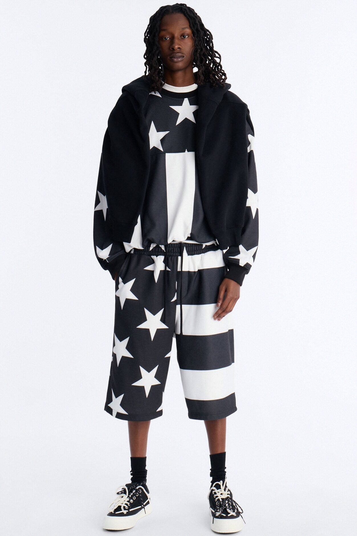 Stars And Stripes Oversized Crew Neck Sweatshirt - Black/White