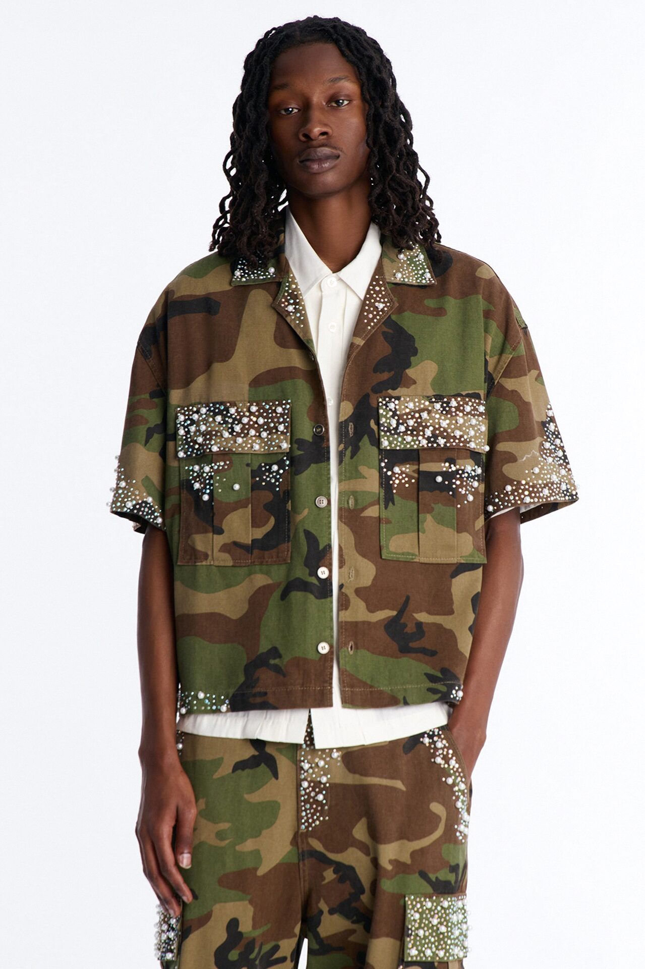 Cropped Pearl World Embellished Shirt - Camouflage