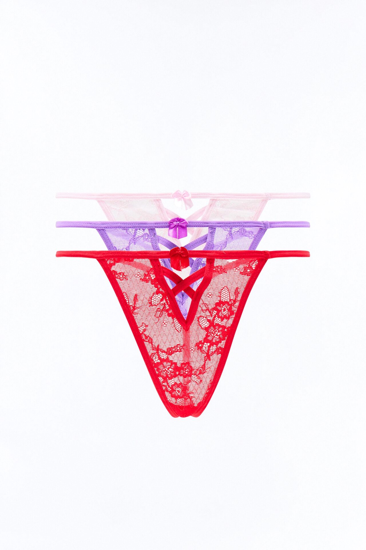 3 Pack Caged Bow Lace G-String Panties - Lavender/combo