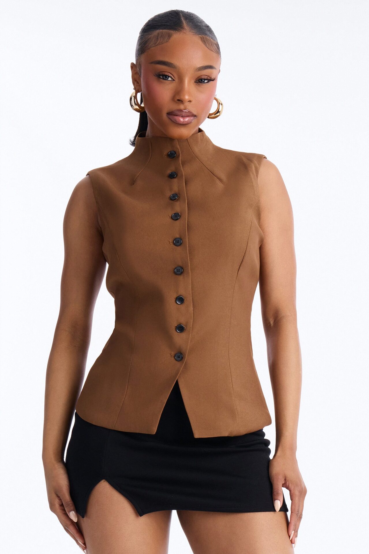 Lana Mock Neck Twill Top - Mocha