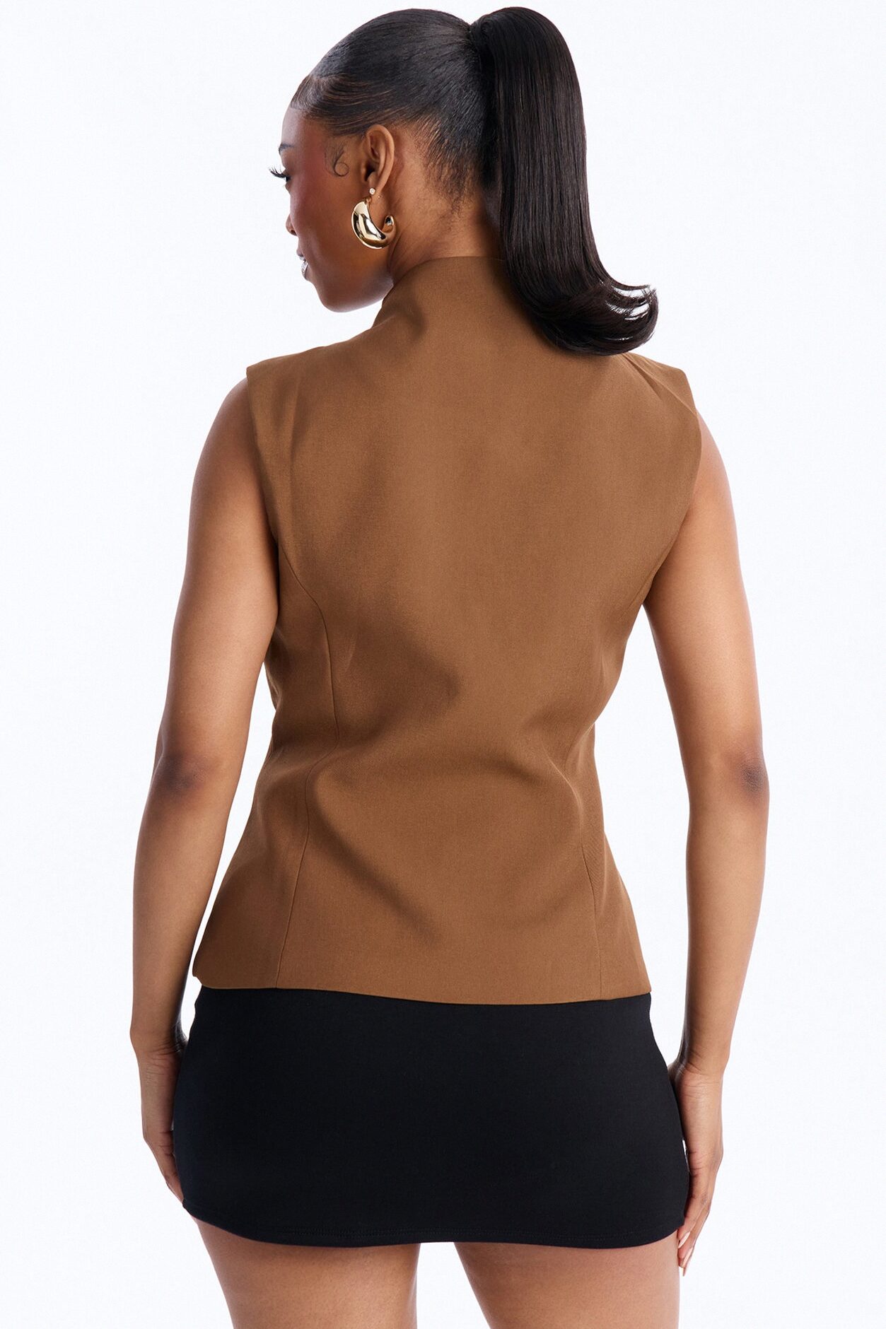 Lana Mock Neck Twill Top - Mocha