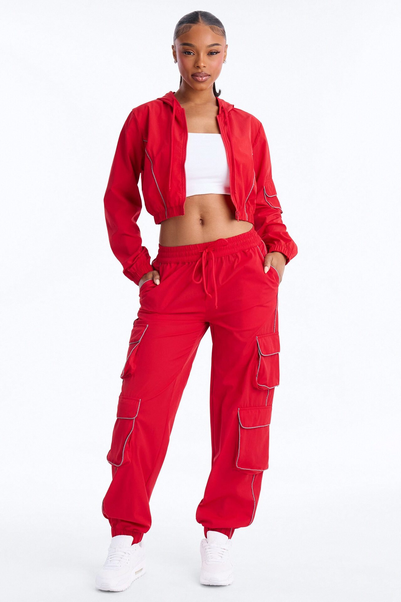 Nessa Nylon Cargo Hoodie Jogger Set - Red