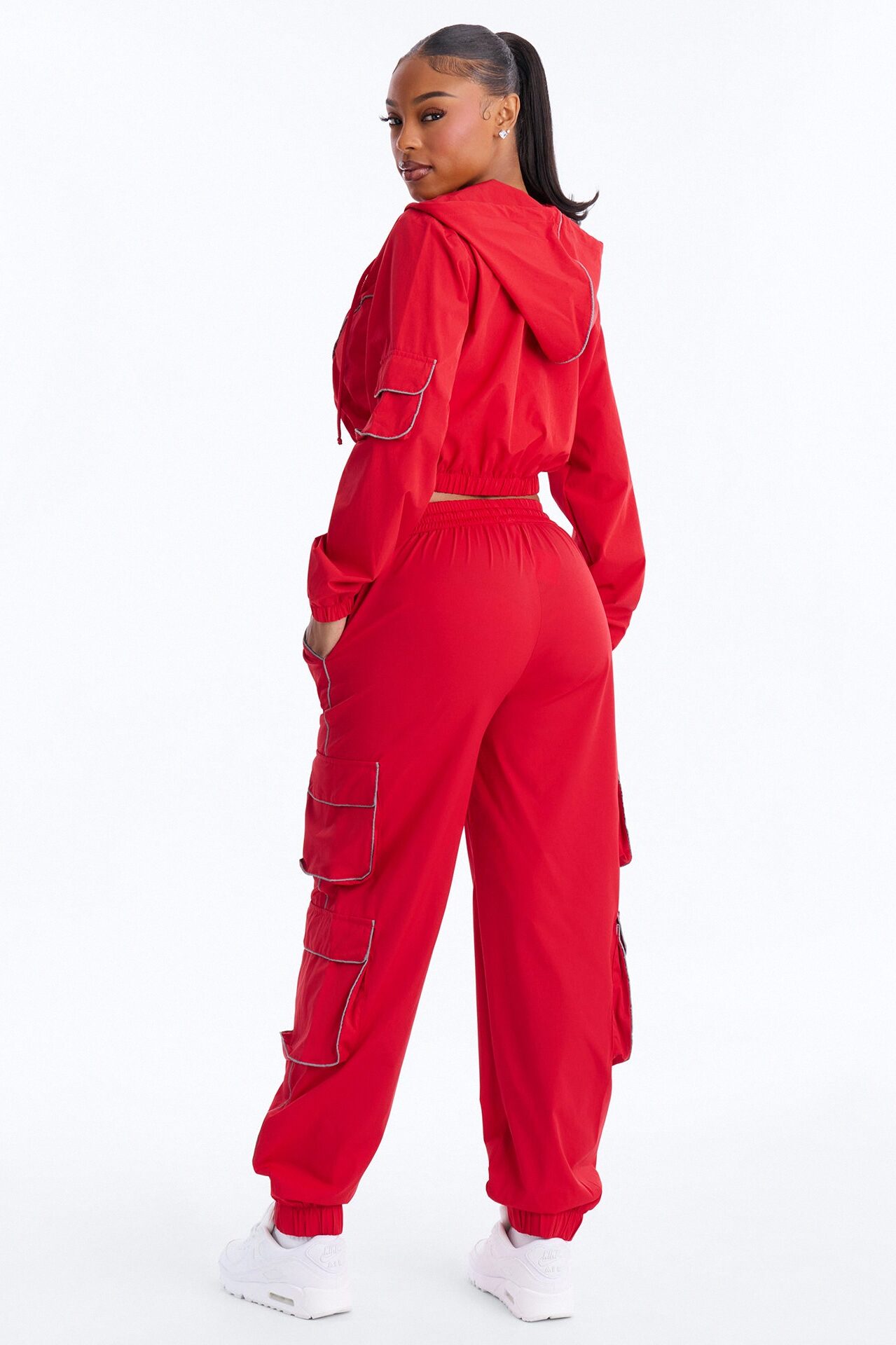 Nessa Nylon Cargo Hoodie Jogger Set - Red