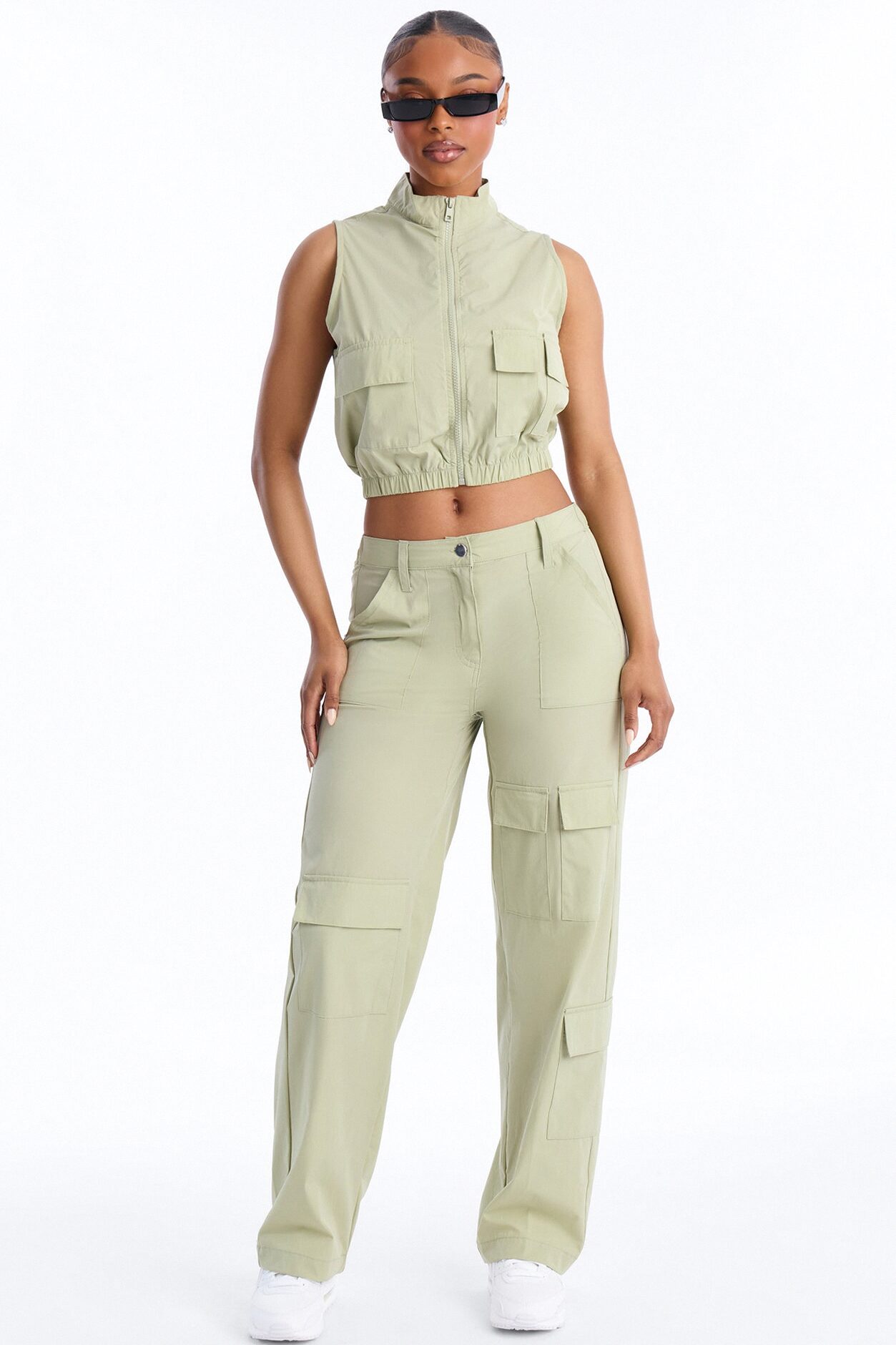 Nessa Nylon Cargo Sleeveless Vest Pant Set - Sage
