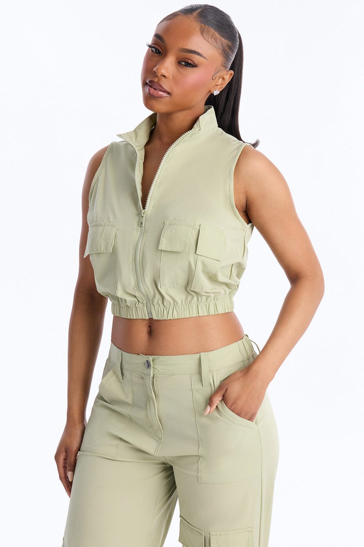 Nessa Nylon Cargo Sleeveless Vest Pant Set - Sage