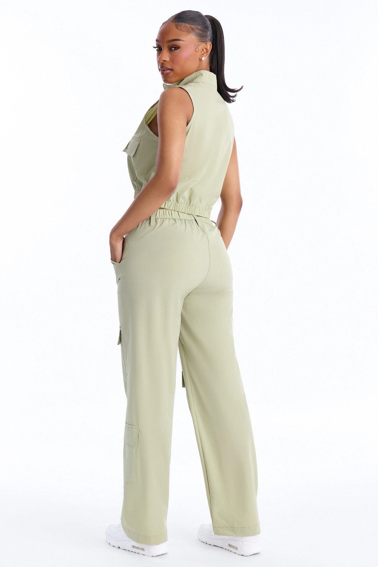 Nessa Nylon Cargo Sleeveless Vest Pant Set - Sage