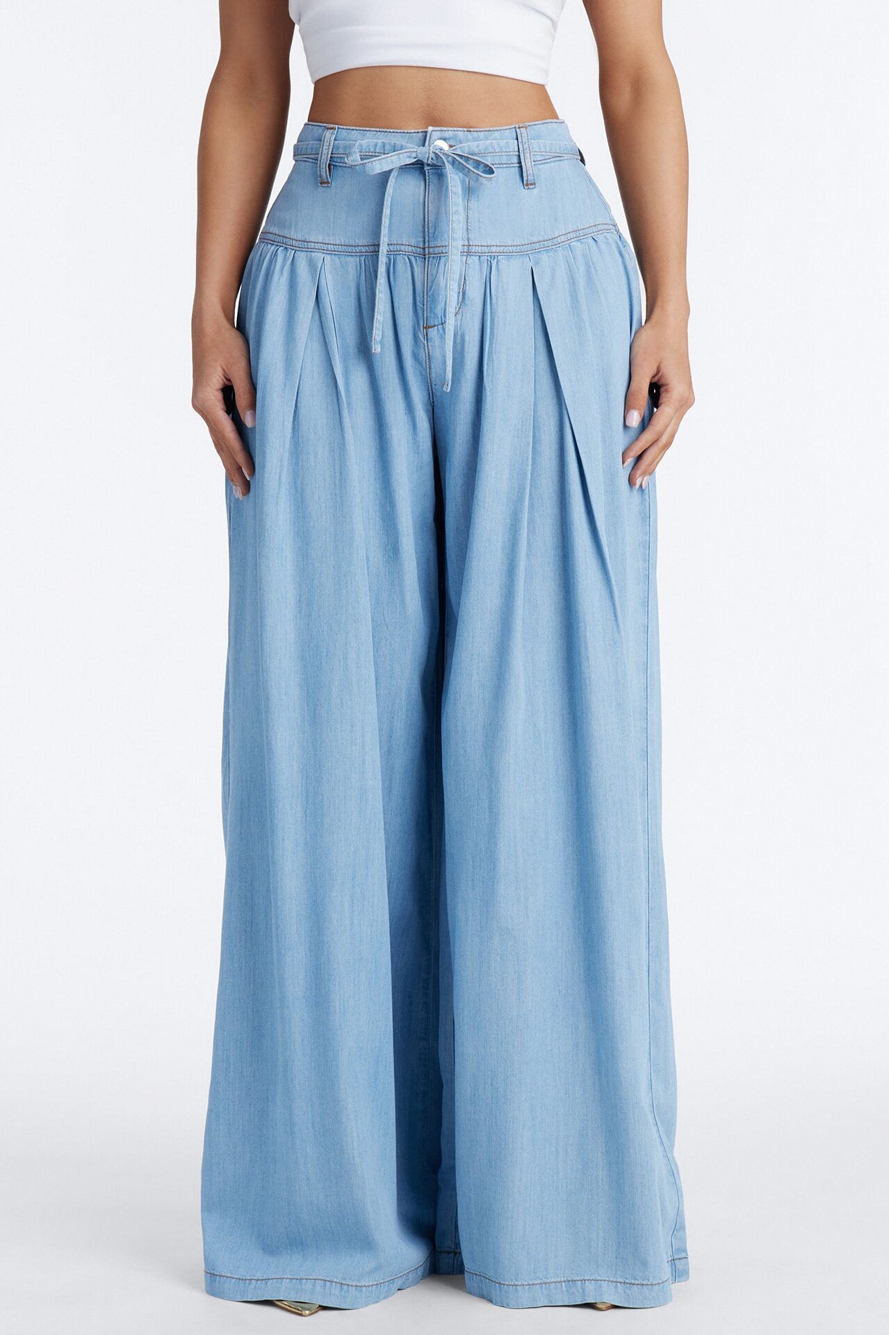 Golden Hour Chambray Tie Waist Pant 33″ - Light Wash