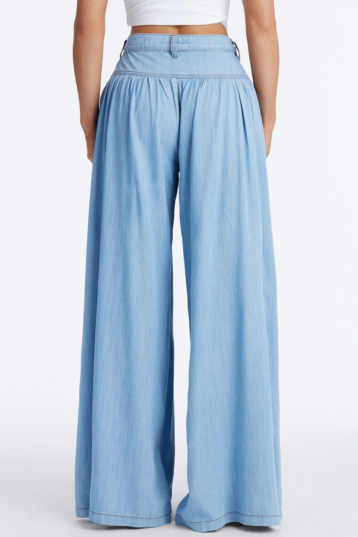 Golden Hour Chambray Tie Waist Pant 33″ - Light Wash