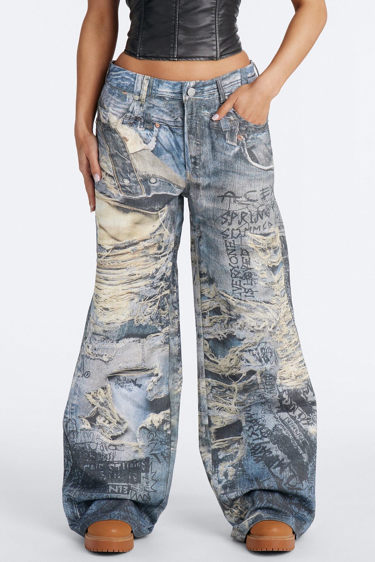 Rebel Rules Low Rise Distressed Denim Print Pant 33″ - Blue/combo