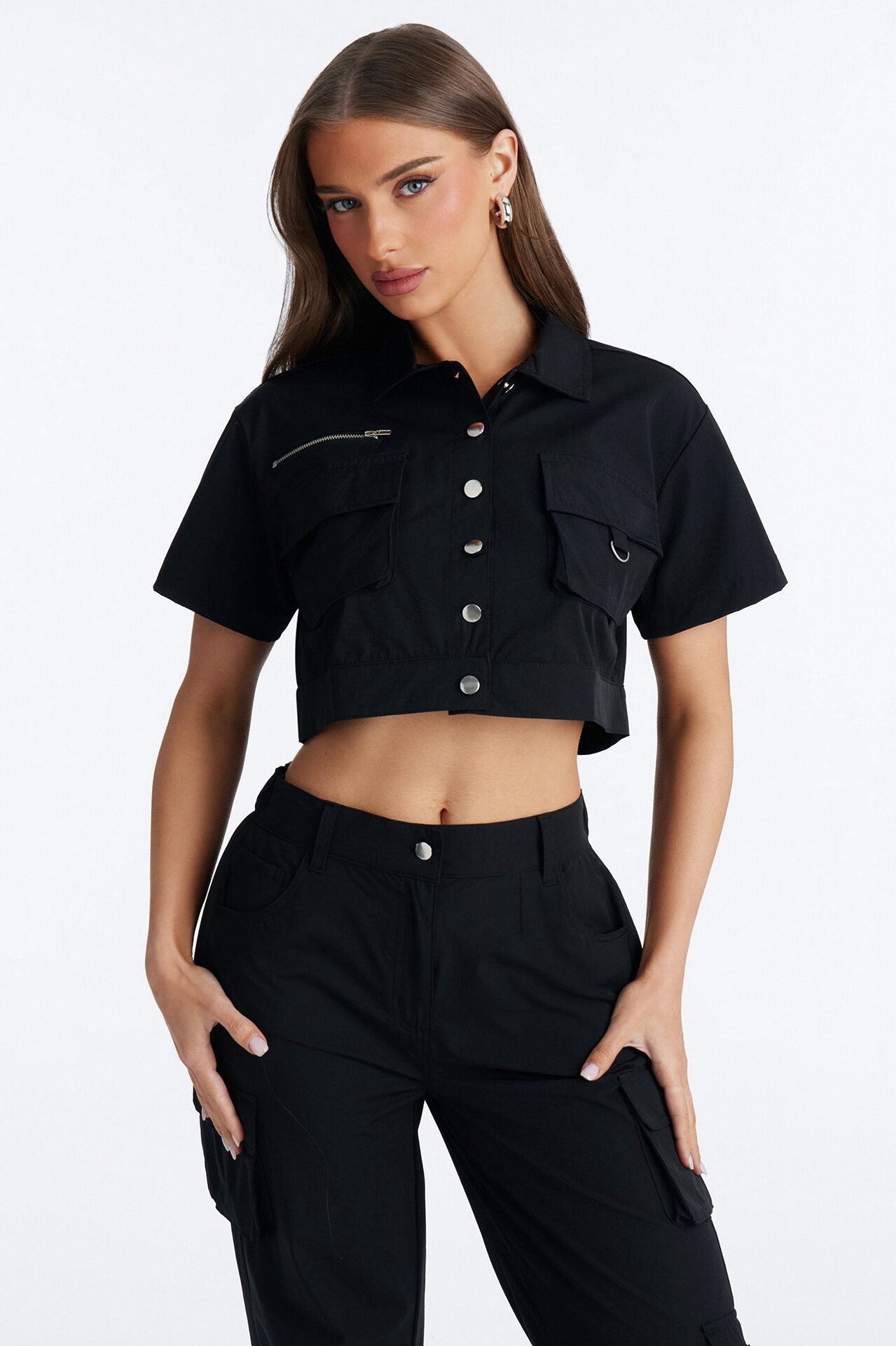 Nessa Nylon Cargo Pant Set - Black