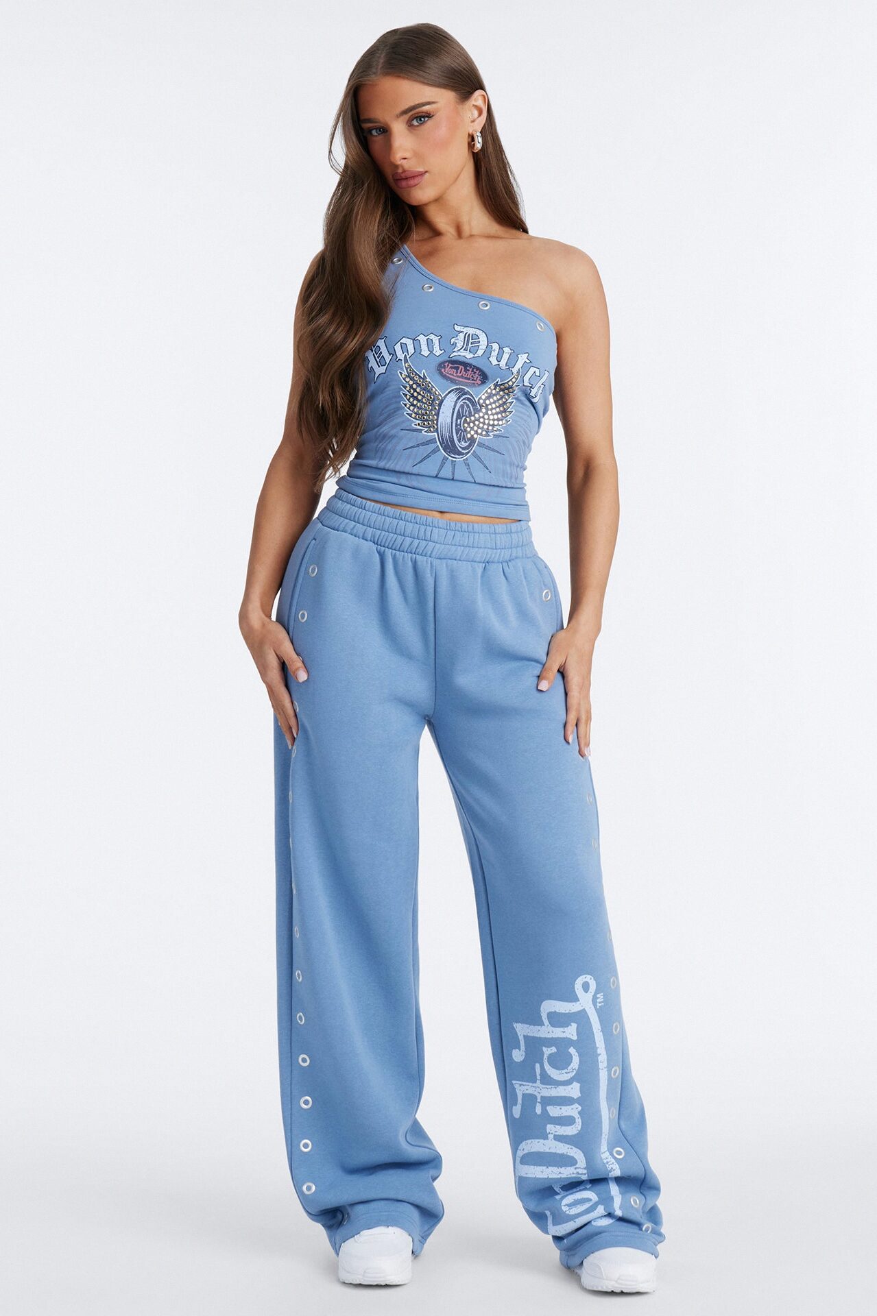 Von Dutch One Shoulder Studded Tank Top - Light Blue