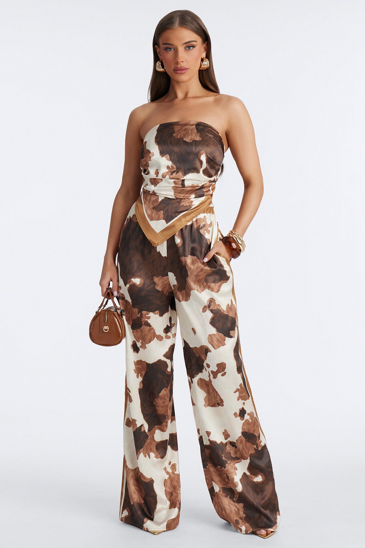 Noelle Cow Print Satin Pant Set - Brown/combo